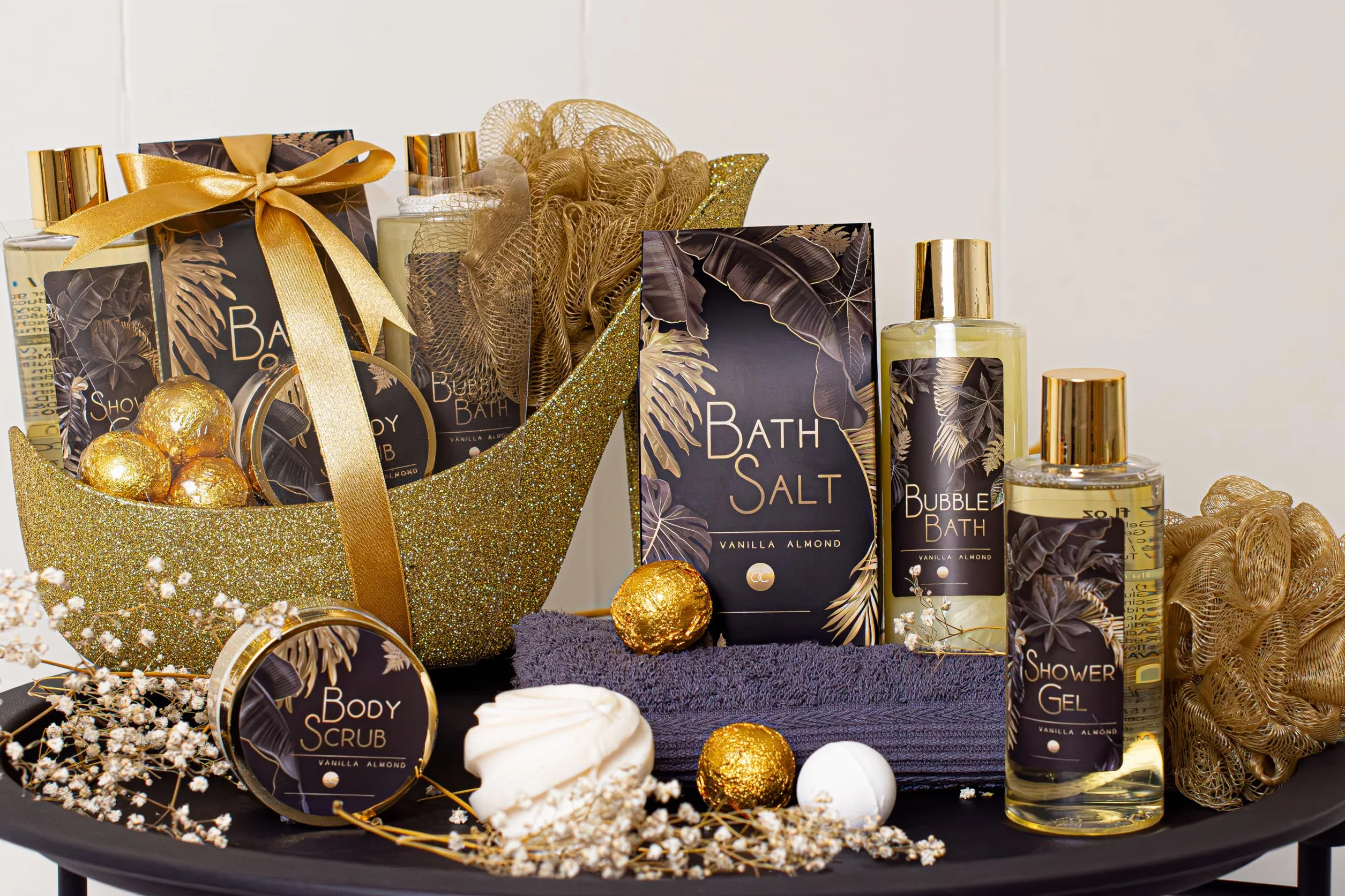 accentra Luxury Bath Set Gift Set w pięknych złotych brokatowych pompkach, 9-częściowy luksusowy zestaw pielęgnacyjny zestaw pod prysznic - dla relaksującego doświadczenia SPA