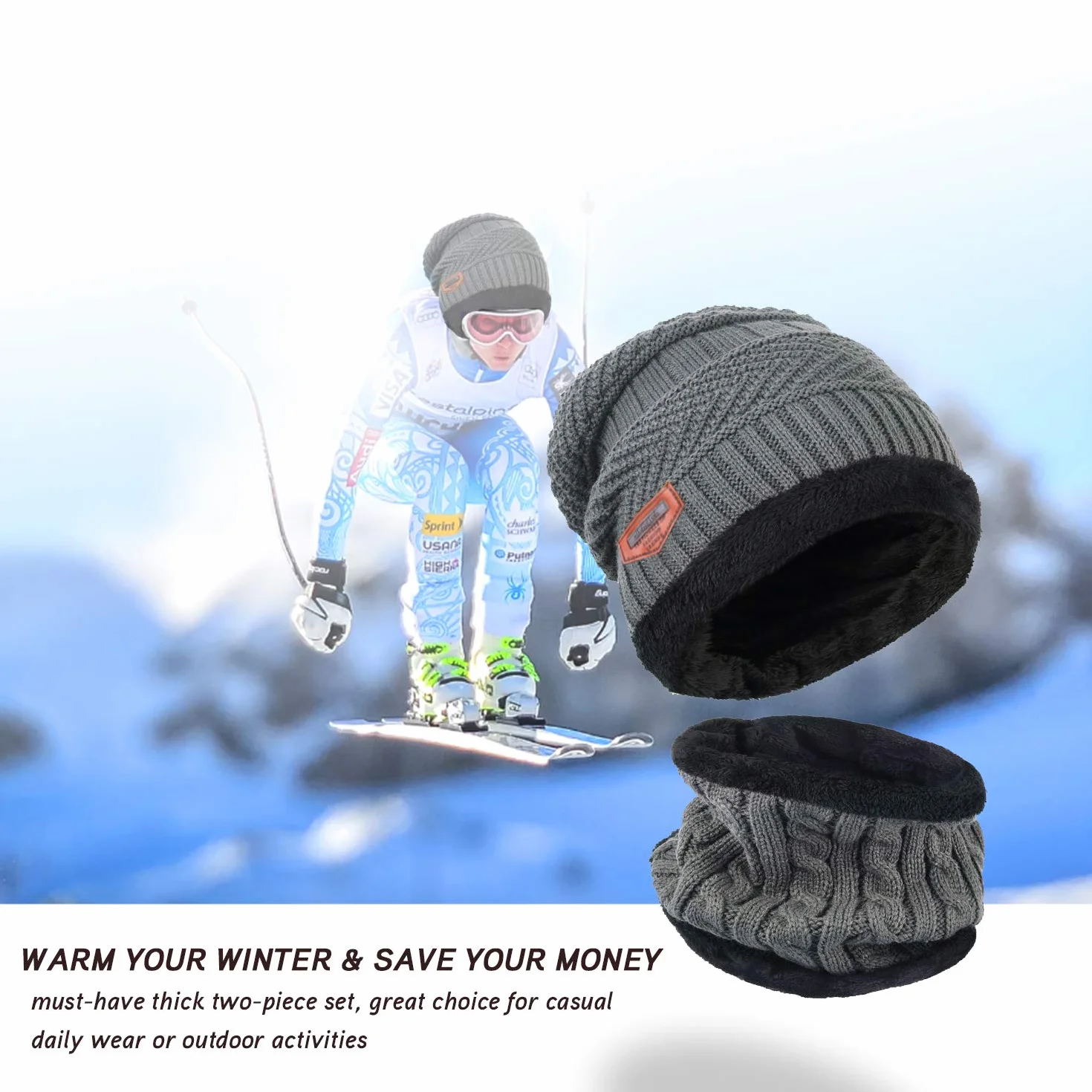 Czapka zimowa i szal Loop, ekran dotykowy, rękawiczki męskie, damskie, ciepła czapka beanie, zestaw zimowy, z podszewką polarową do nart