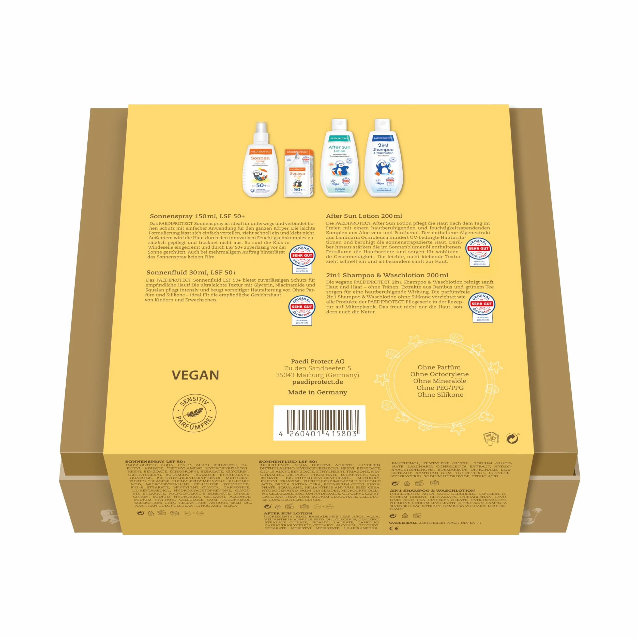 PAEDIPROTECT zestaw ochrony przeciwsłonecznej dla dzieci i niemowląt 2x krem do opalania 1x krem do twarzy 1x szampon 2w1 1x płyn do pielęgnacji 1x kula wodna