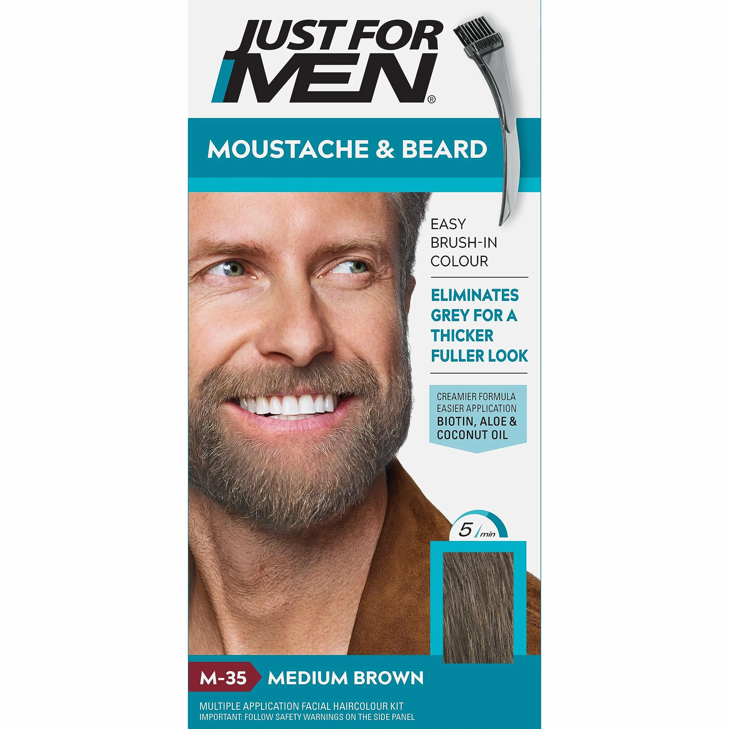 Just For Men Farba do Brody i Wąsów w Kolorze Średniobrązowym, Eliminuje Siwe Włosy i Zapewnia Grubszy i Pełniejszy Wygląd, M35