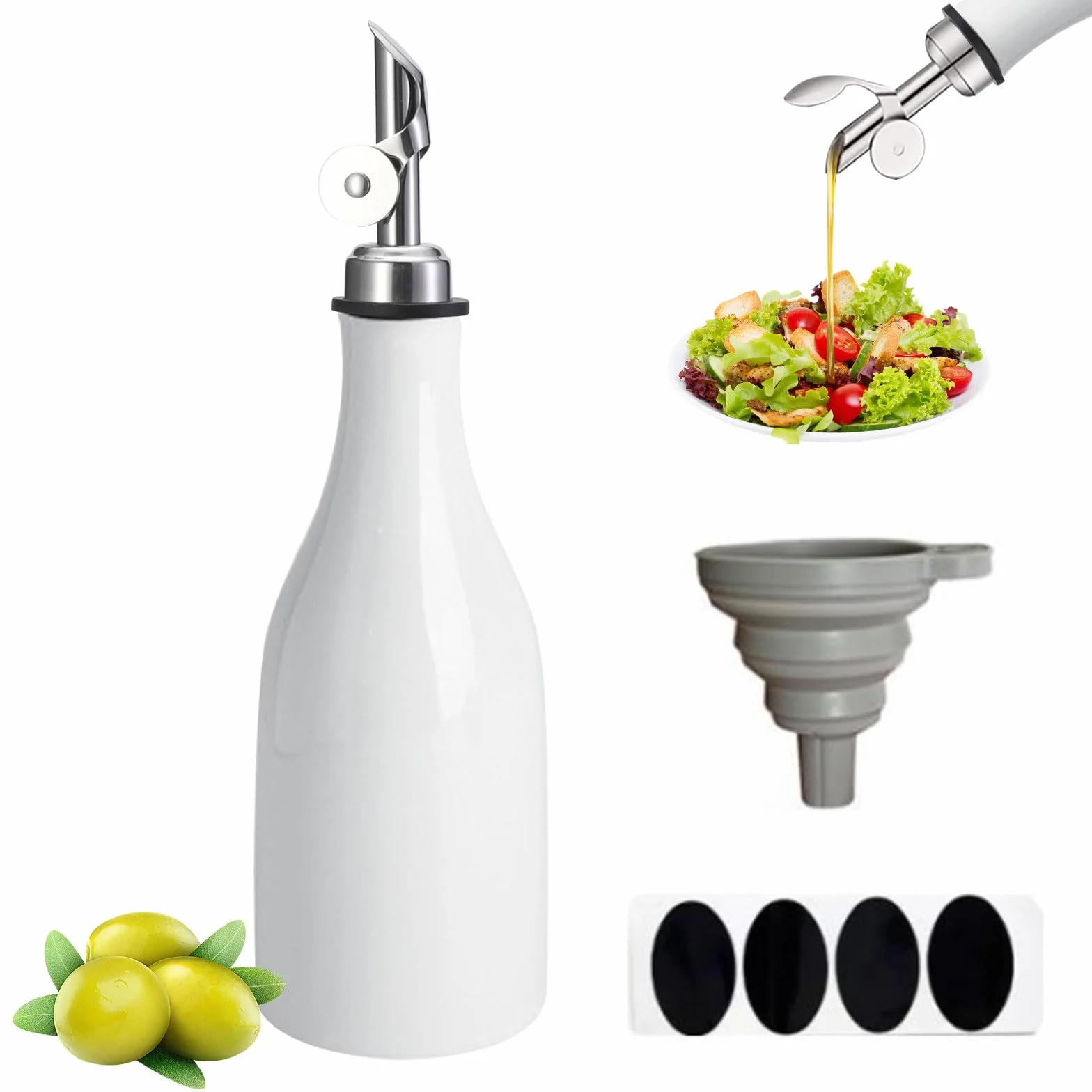 Qivine 300ml butelka na olej z wylewkiem, ceramiczna butelka na oliwę i ocet bez kroplenia, dyspenser na olej z lejkiem i etykietą do kuchni i BBQ, prosty styl (Biały)
