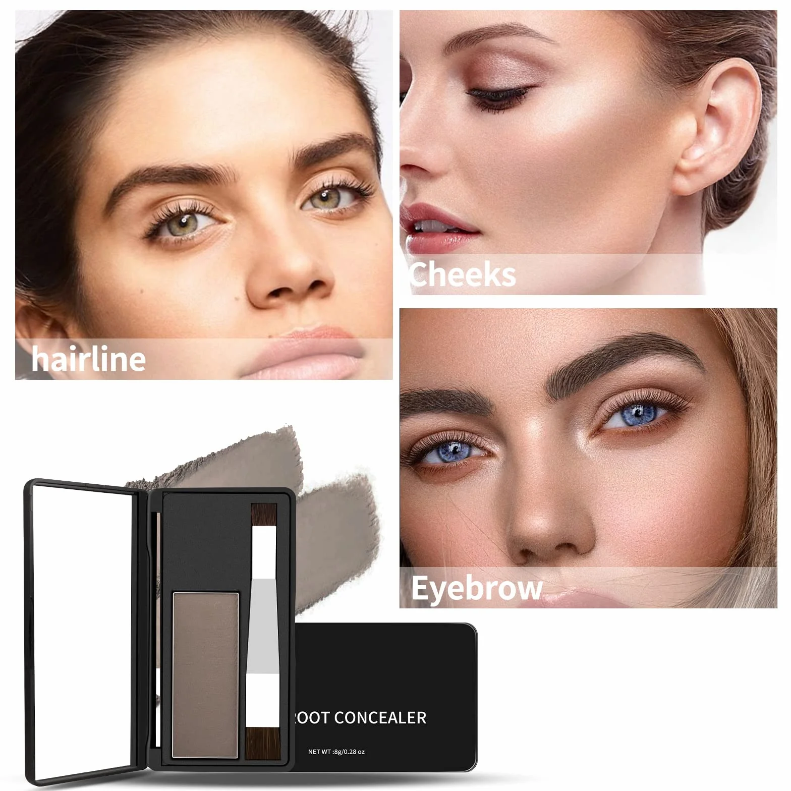Boobeen Wielofunkcyjny zestaw pudrów do cieniowania linii włosów, puder Root Touch Up, tymczasowa paleta korektorów z pędzelkiem do makijażu, natychmiastowe pokrycie koloru włosów