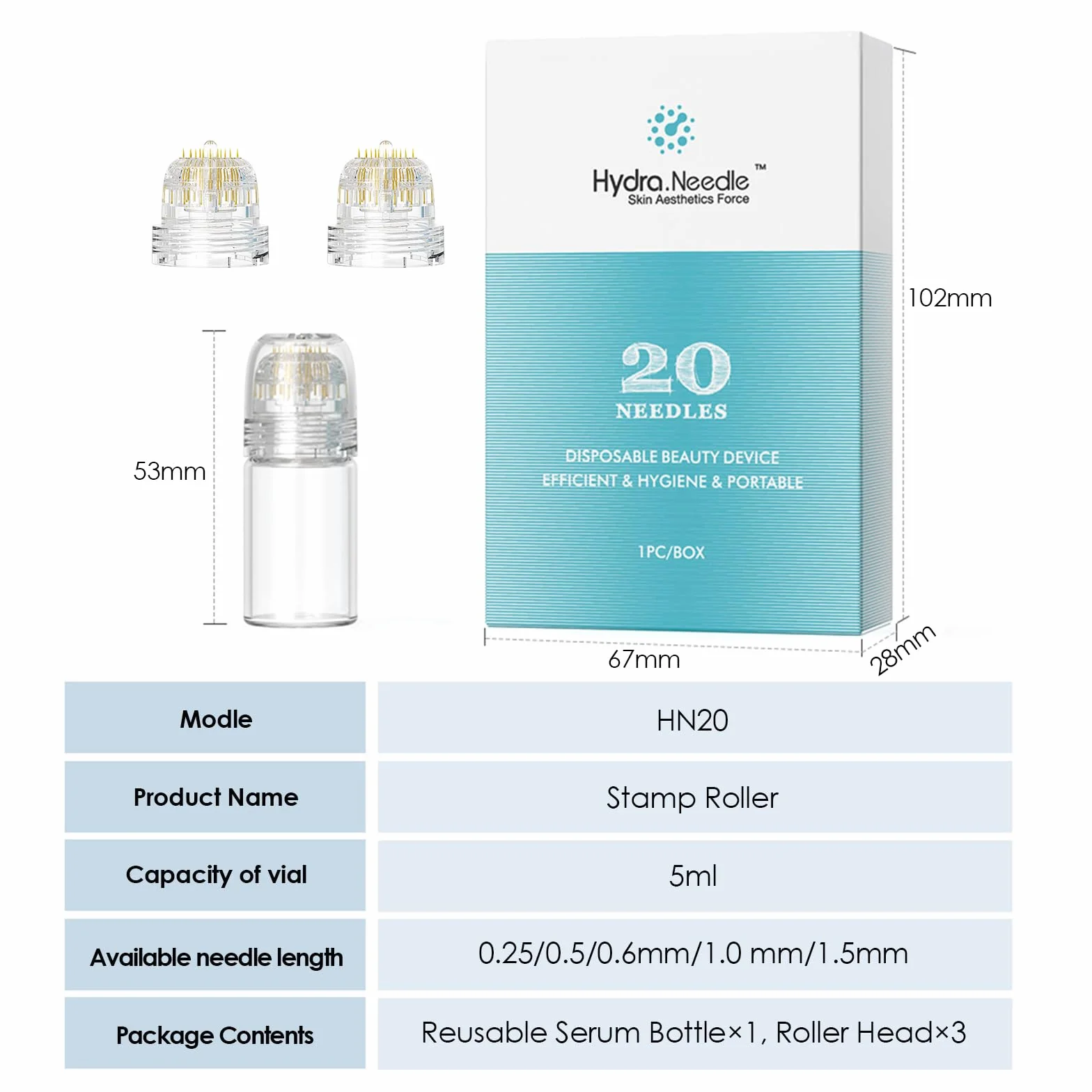 Derma Stamp Hydra Needle 20, Microneedling Tytan 20 Pin Długość 0,5 mm, Serum Aplikator wielokrotnego użytku z 2 dodatkowymi zamiennymi głowicami, do pielęgnacji skóry