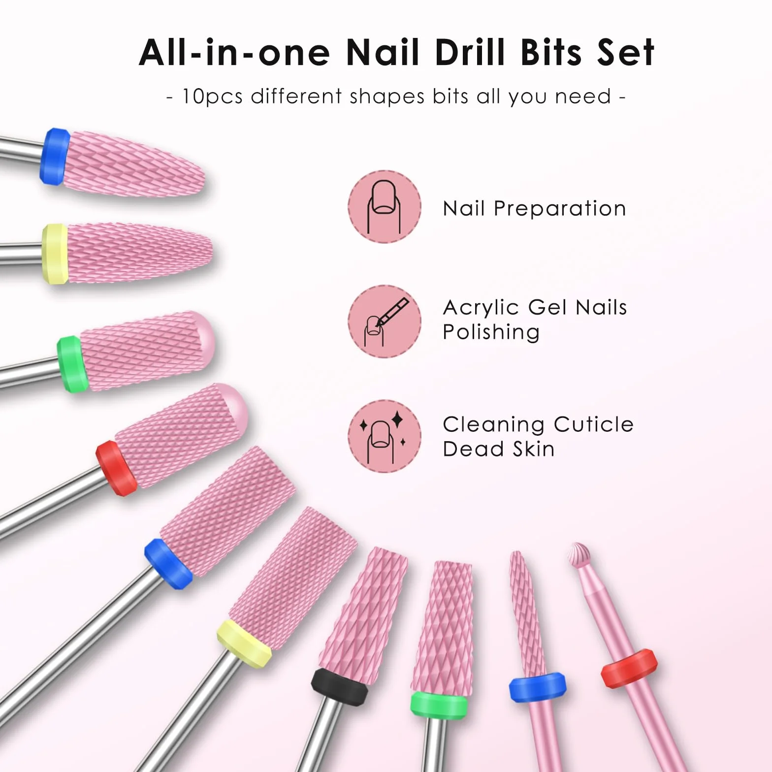 Depvko 10 sztuk ceramicznych wierteł do paznokci, 3/32 '' profesjonalne elektryczne frezy do manicure pedicure, zestaw do paznokci akrylowych żelowych, wiertło do skórek bezpieczeństwa, różowy