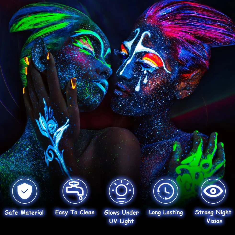 LOPHE Farba do twarzy dla dzieci, zestaw do malowania twarzy 6*30 ml, neonowa farba do twarzy z lampą UV, fluorescencyjne farby do twarzy i ciała, hipoalergiczny, makijaż UV Halloween Festival (zestaw