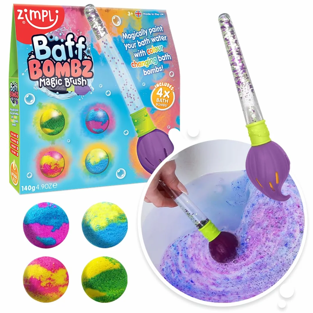 ZIMPLI - Baff Bombz Magic Brush, 4 x kule do kąpieli, magiczna różdżka, twórz kolorowe, musujące wzory w wannie, dostępne opakowania uzupełniające 4, 12 lub 20 sztuk w sklepie ZIMPLI