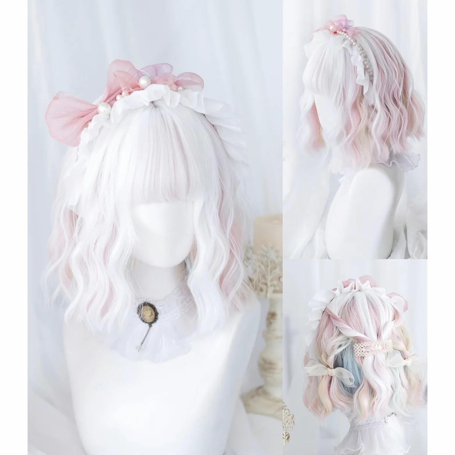 Peruka Cosplay odporna na wysokie temperatury, 30 cm, biała, różowa, dwukolorowa, syntetyczna peruka z grzywką, krótka, naturalna, falowana peruka dla kobiet