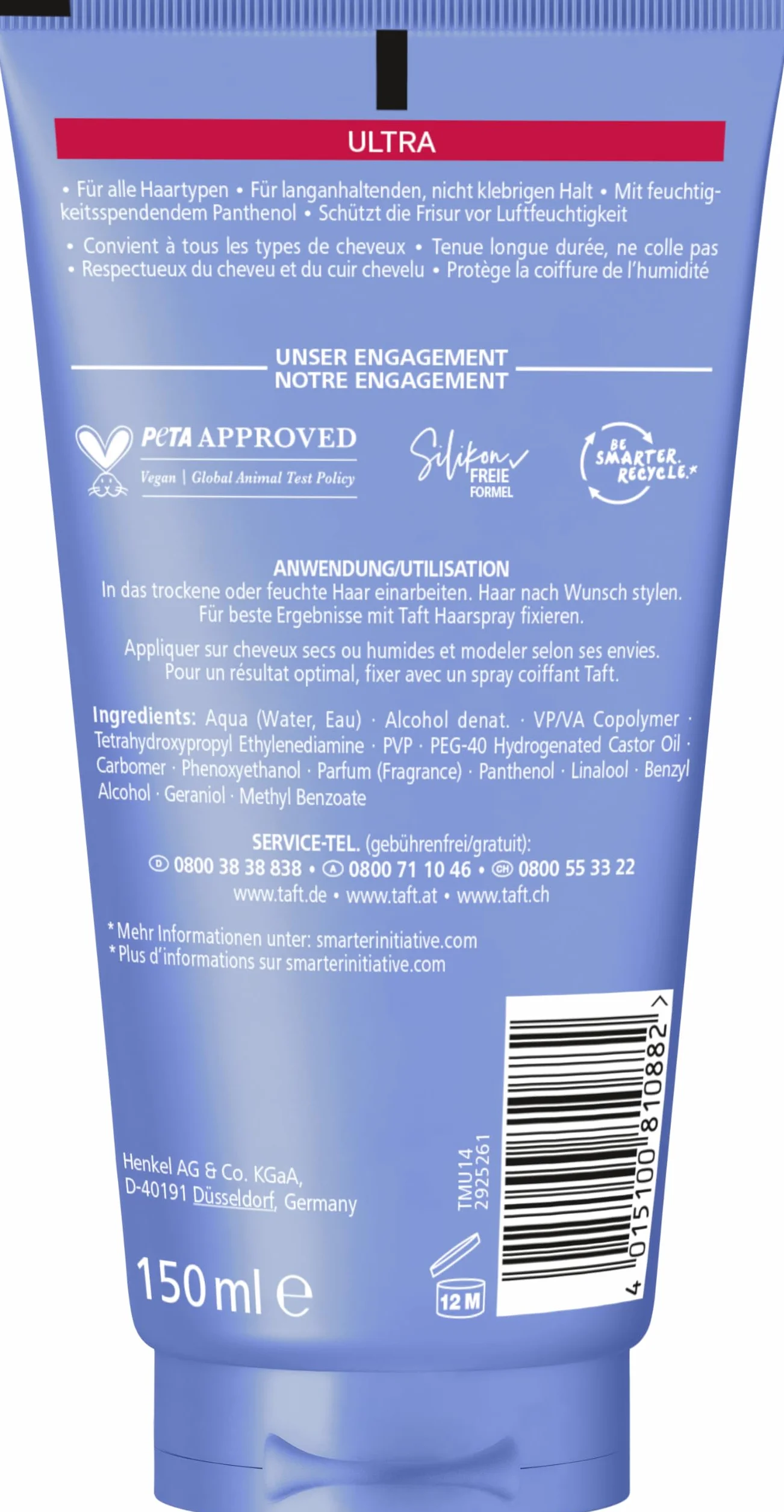 Schwarzkopf Taft Gel Ultra Styling (150 ml), żel do włosów wzmocnionych o bardzo mocnym trzymaniu, delikatny dla włosów i skóry głowy, wegański żel do stylizacji włosów