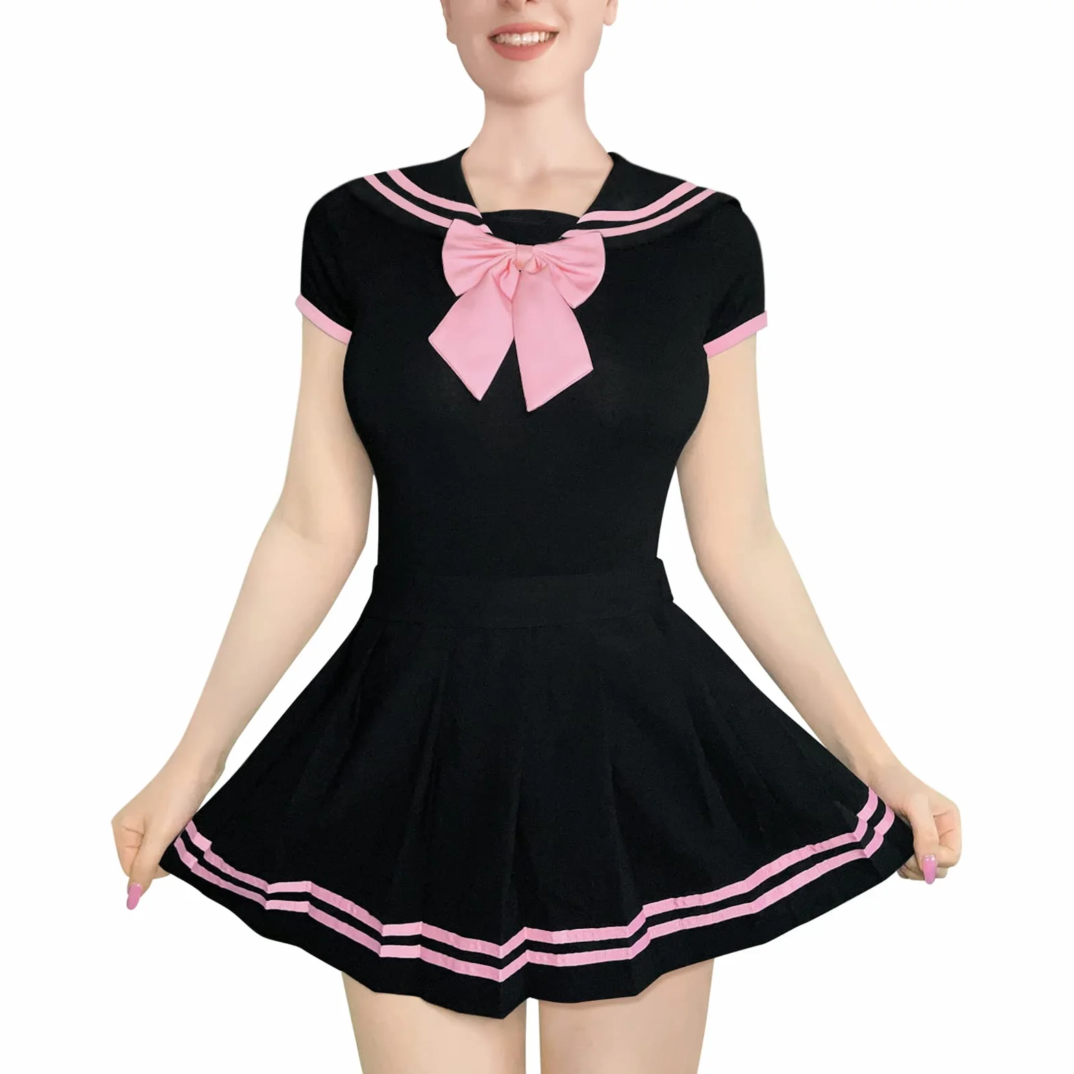 LittleForBig Bawełniany Romper Onesie Piżama Bodysuit - Klasyczny japoński komplet spódniczki Onesie dla dziewczynek w wieku szkolnym pełna czerń M