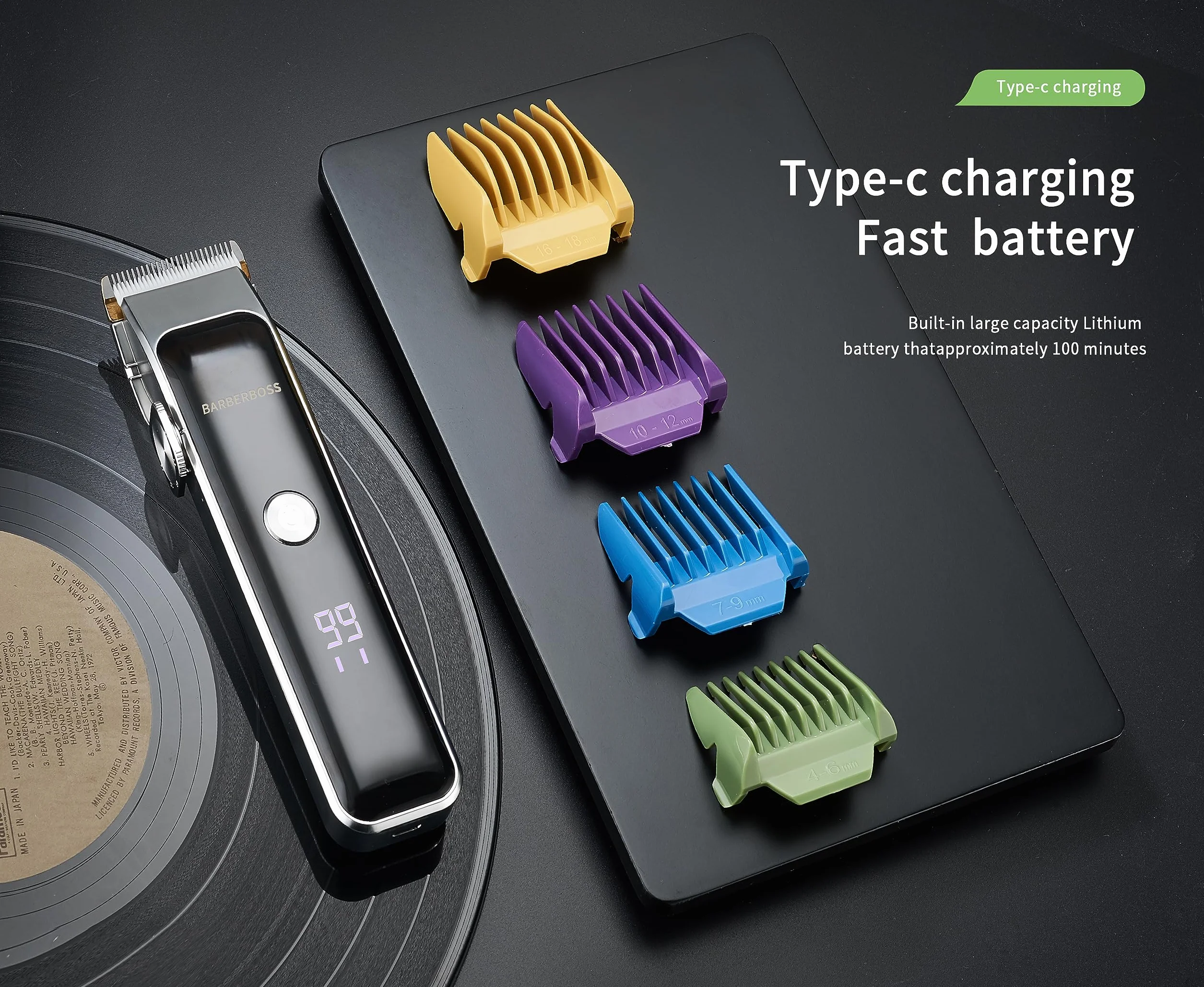 BarberBoss Profesjonalny trymer do twarzy do brody i włosów, kompaktowa konstrukcja, precyzyjne pokrętło, 2 ustawienia prędkości, ładowanie USB, ostrze ceramiczne i tytanowe, wyświetlacz LED, QR-2089