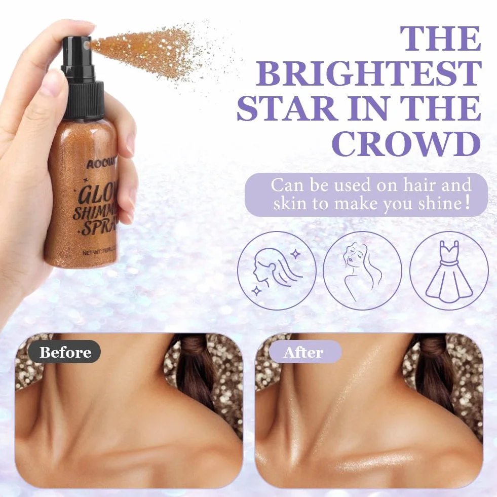 AOOWU Brokatowy spray w proszku, brokat do ciała, brokatowy spray, spray rozjaśniający skórę, migoczący puder do twarzy, ciała, włosów, Halloween, ślub, karnawał, impreza, 01