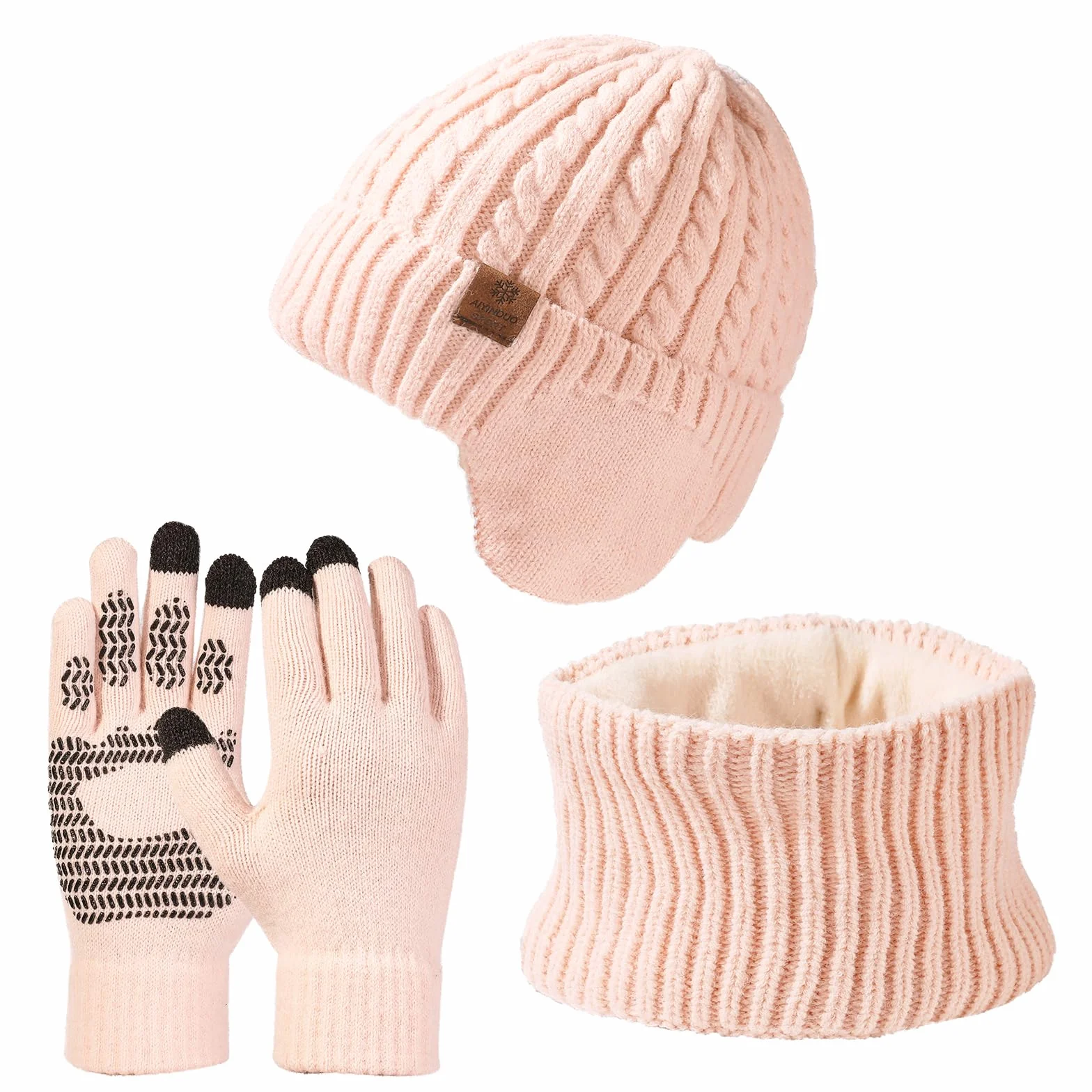 Zimowy dzianinowy ciepły szalik i rękawiczki unisex – czapka beanie z nausznikami, rękawiczki do ekranu dotykowego i ocieplacz na szyję szalik z podszewką polarową dla mężczyzn i kobiet