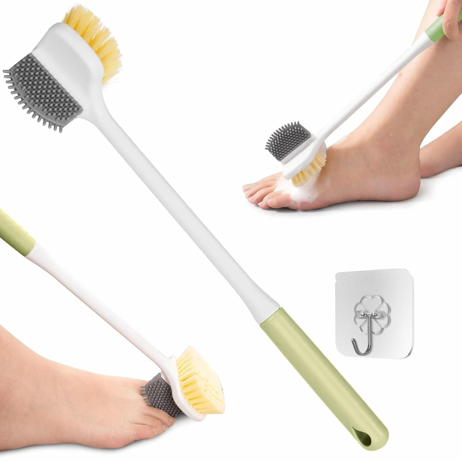 GROOFOO Wielofunkcyjna szczotka do mycia stóp z długim trzonkiem, peeling do prysznica, dla seniorów, dwustronna szczotka do czyszczenia stóp (zielona)