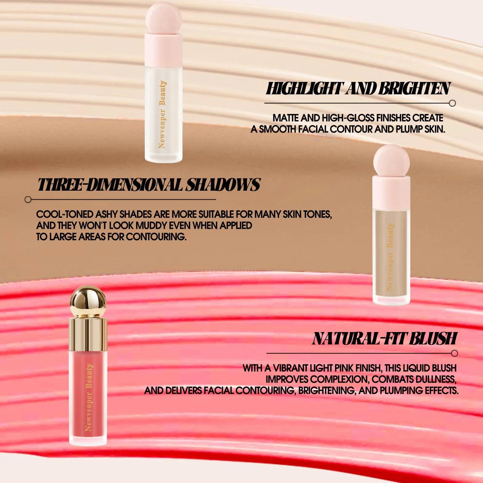 Newvenper Krem, bronzer + rozświetlacz + róż, z pędzelkiem do twarzy, długotrwały i gładki, róż, rozświetlacz i bronzer do konturowania w płynie