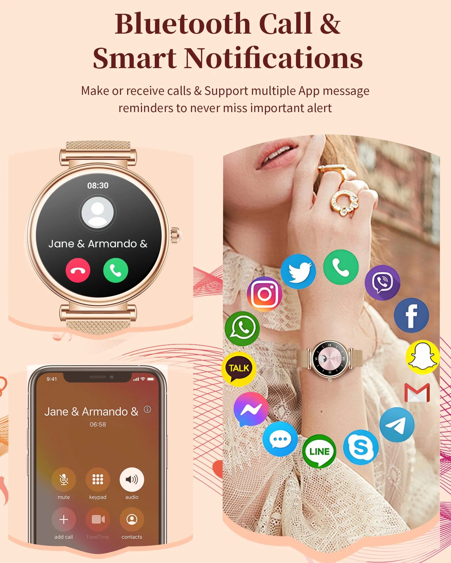 Smartwatch dla kobiet, Fitness Tracker z funkcją telefonu, wodoodporny IP68 1,3-calowy HD ekran dotykowy, z pulsometrem, pomiarem ciśnienia krwi, monitorowaniem snu, zegarek sportowy