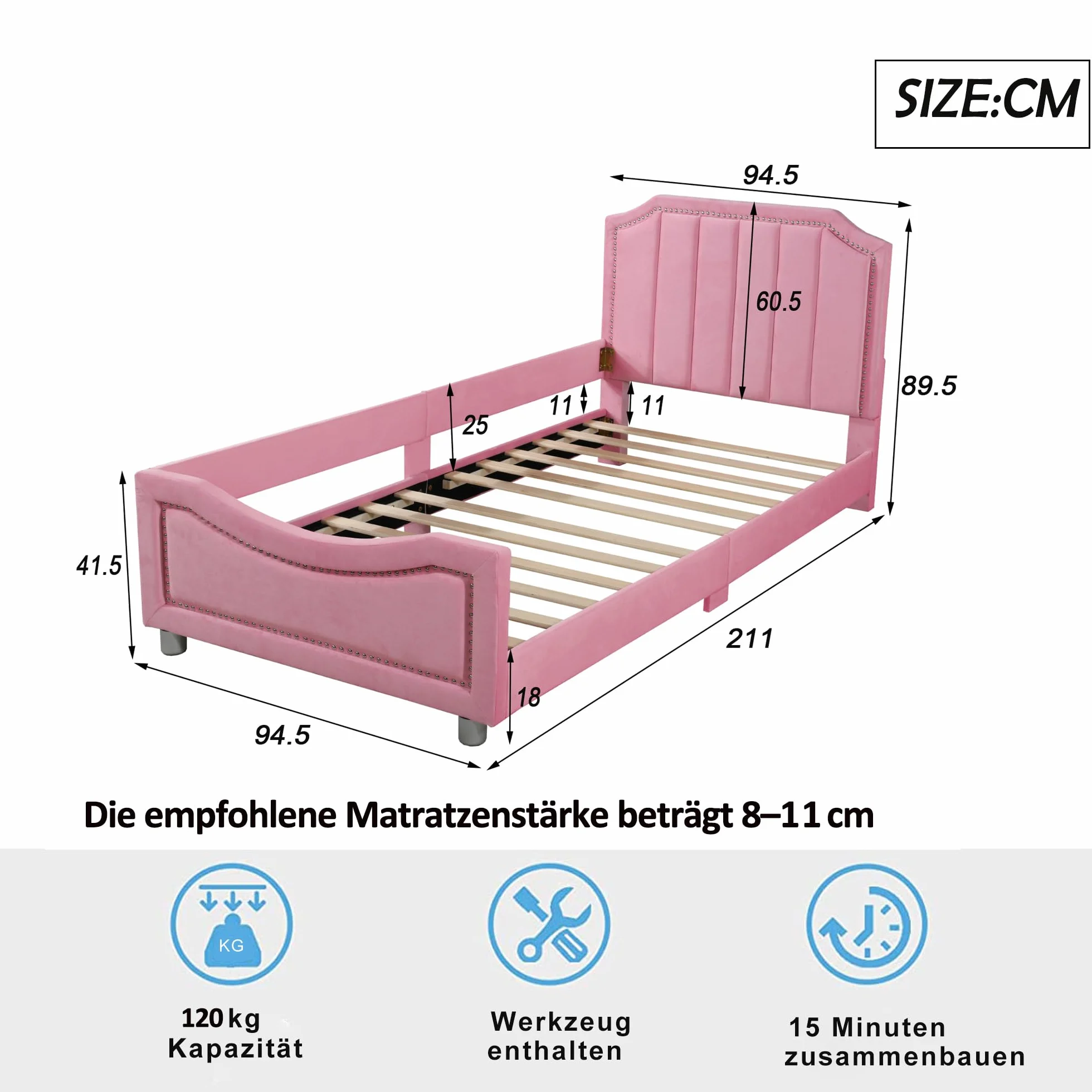 HAINEW Łóżko dziecięce, tapicerowane, 90 x 200 cm, z zagłówkiem i stelażem, flanelowe, łóżko pojedyncze, sofa do spania, łóżko dla gości z podłokietnikami, dla chłopców lub dziewczynek (różowe)