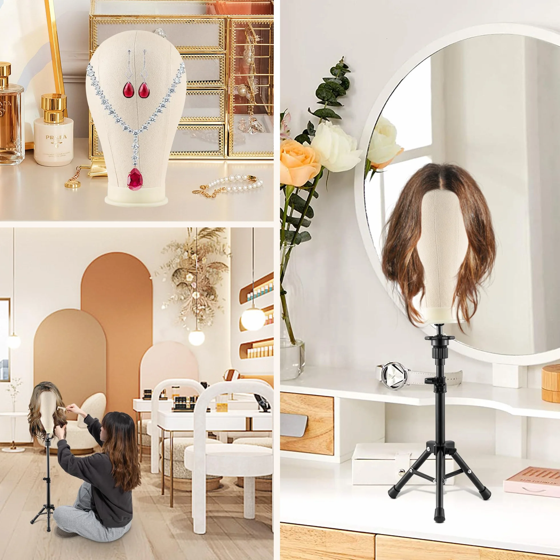 Statyw pod perukę 58 cm z głową peruki i zestawem stojaka, klipsy, szpilki T, igły C, torba