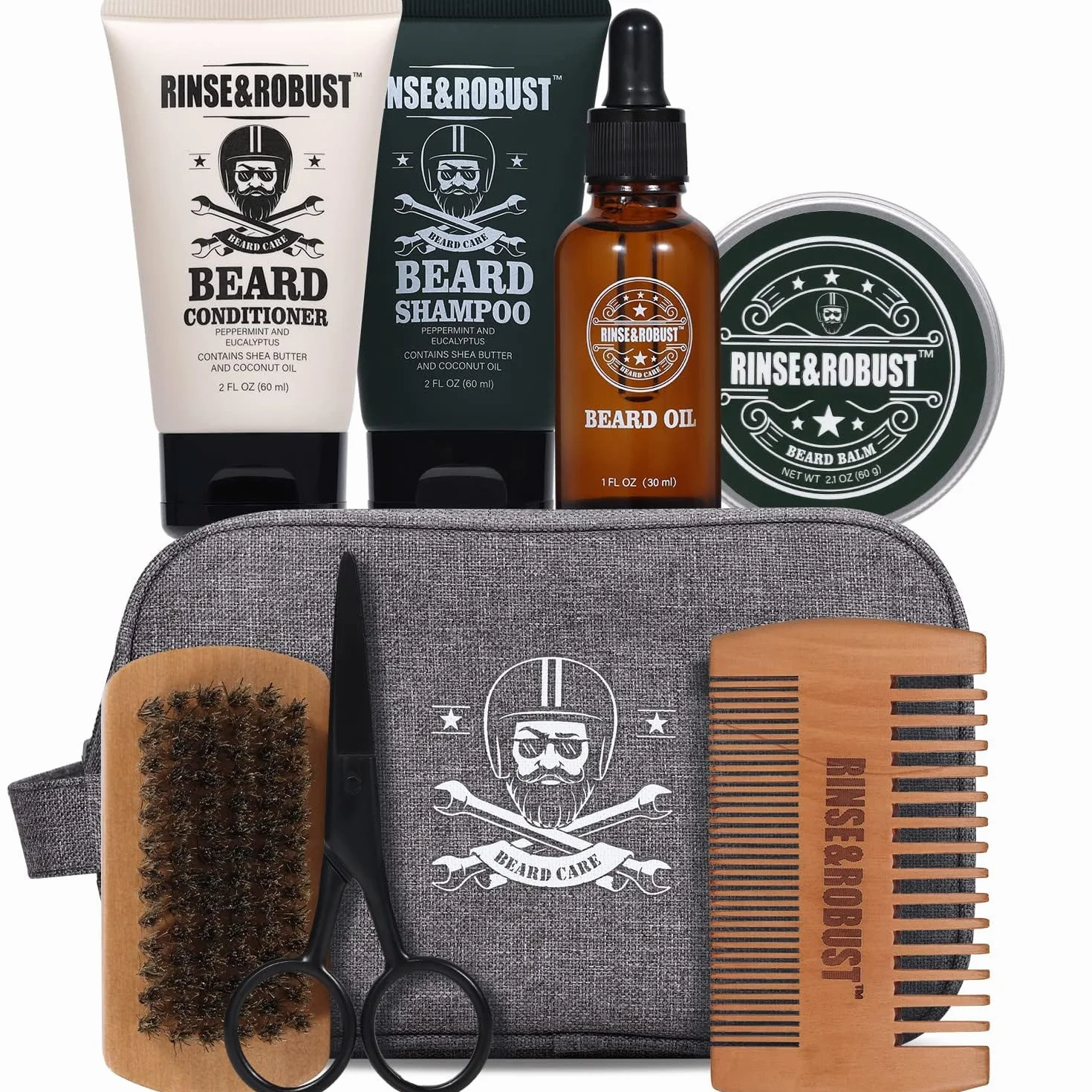 Rinse&Robust 8-częściowy zestaw do pielęgnacji brody z torbą podróżną, zapachem eukaliptusa, szczotką, grzebieniem, nożyczkami do brody, szamponem do brody