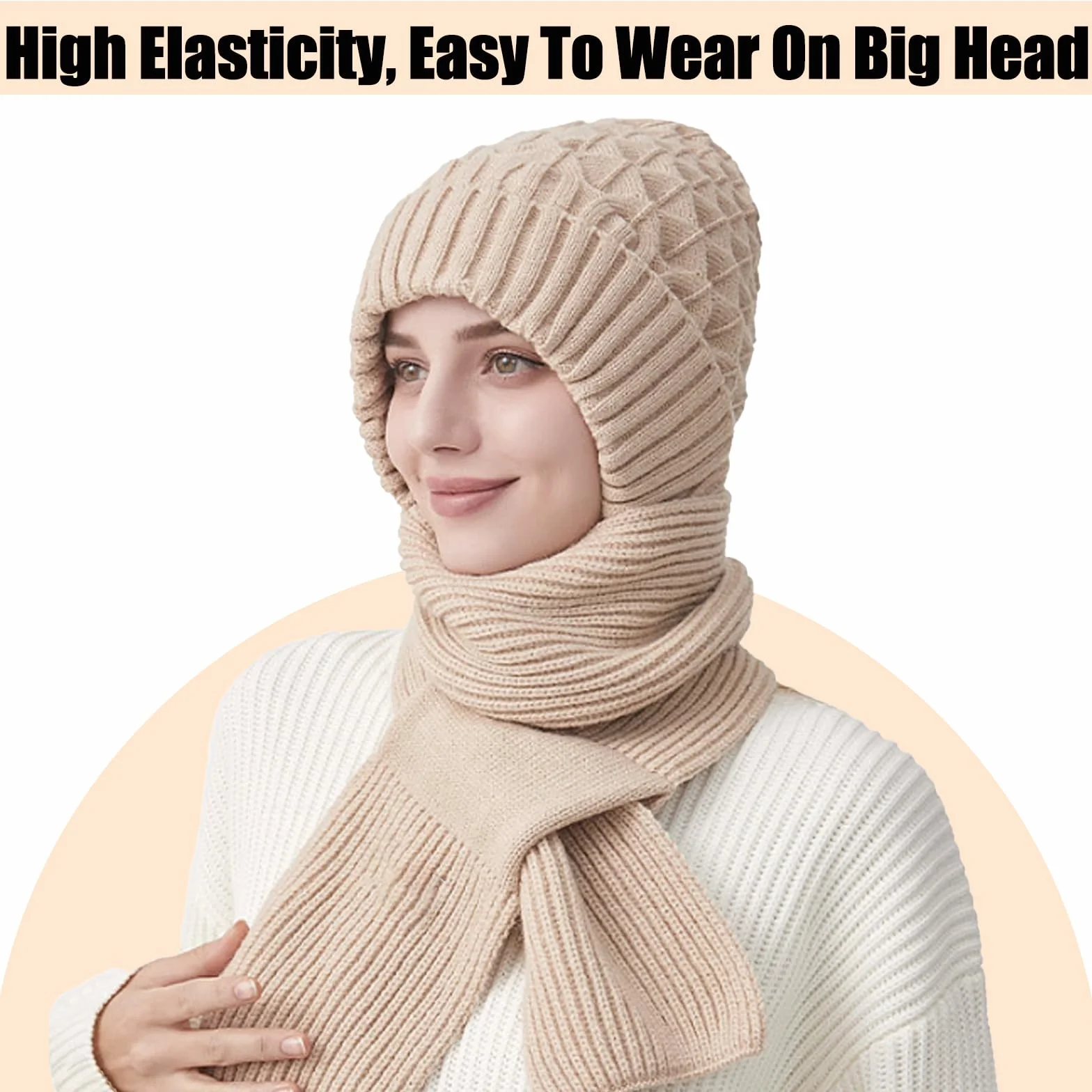 JSTHHTT Zimowe rękawiczki damskie z czapką i szalikiem, dzianinowa czapka typu beanie pętla, elastyczna czapka z szalikiem dla kobiet, zimowa ciepła dzianinowa czapka, ciepła pluszowa podszewka,
