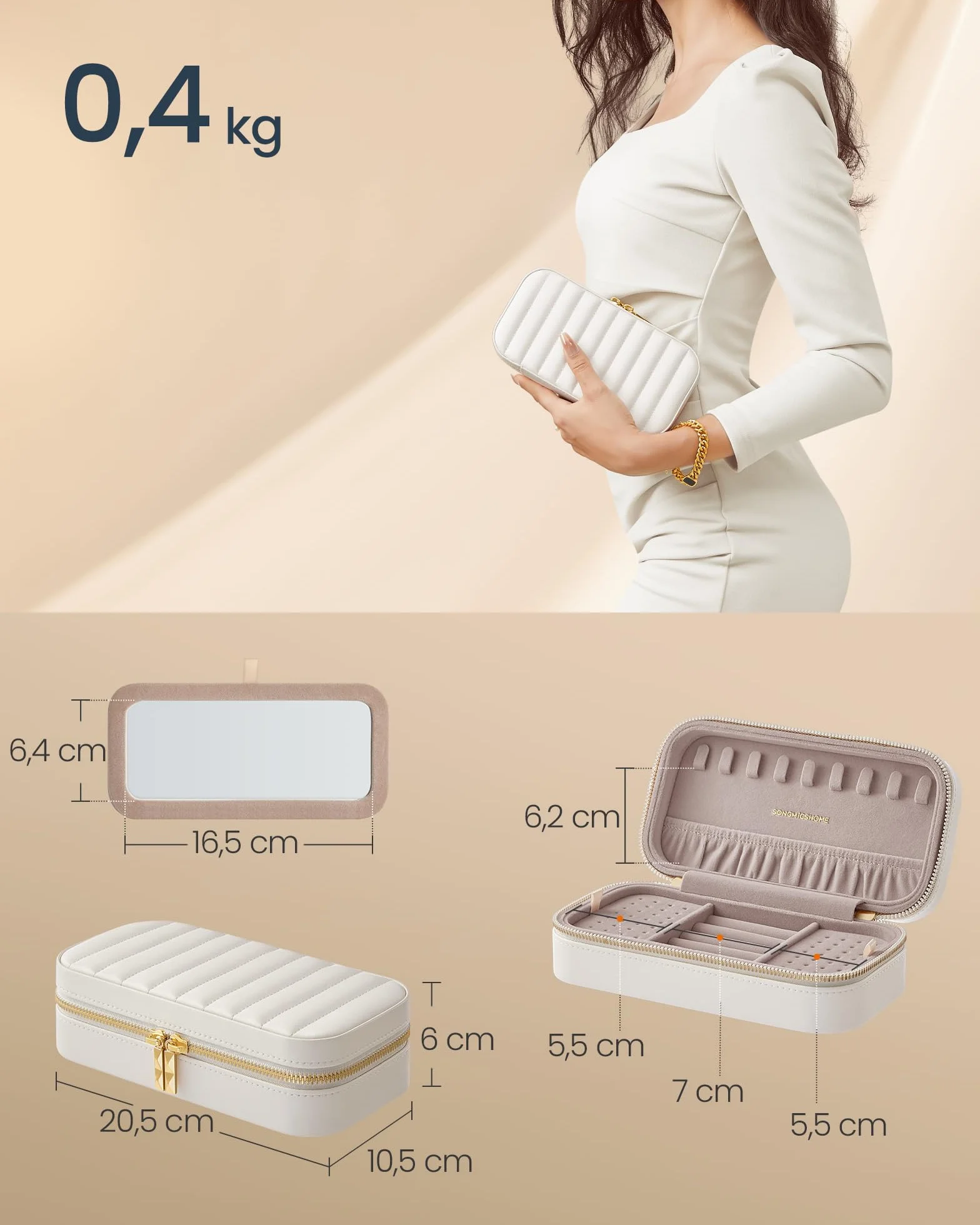 SONGMICS HOME Kolekcja ANAH – podróżna szkatułka na biżuterię, mała szkatułka na biżuterię, do przechowywania biżuterii z lusterkiem, 10,5 x 20,5 x 6 cm, zapięcie na suwak