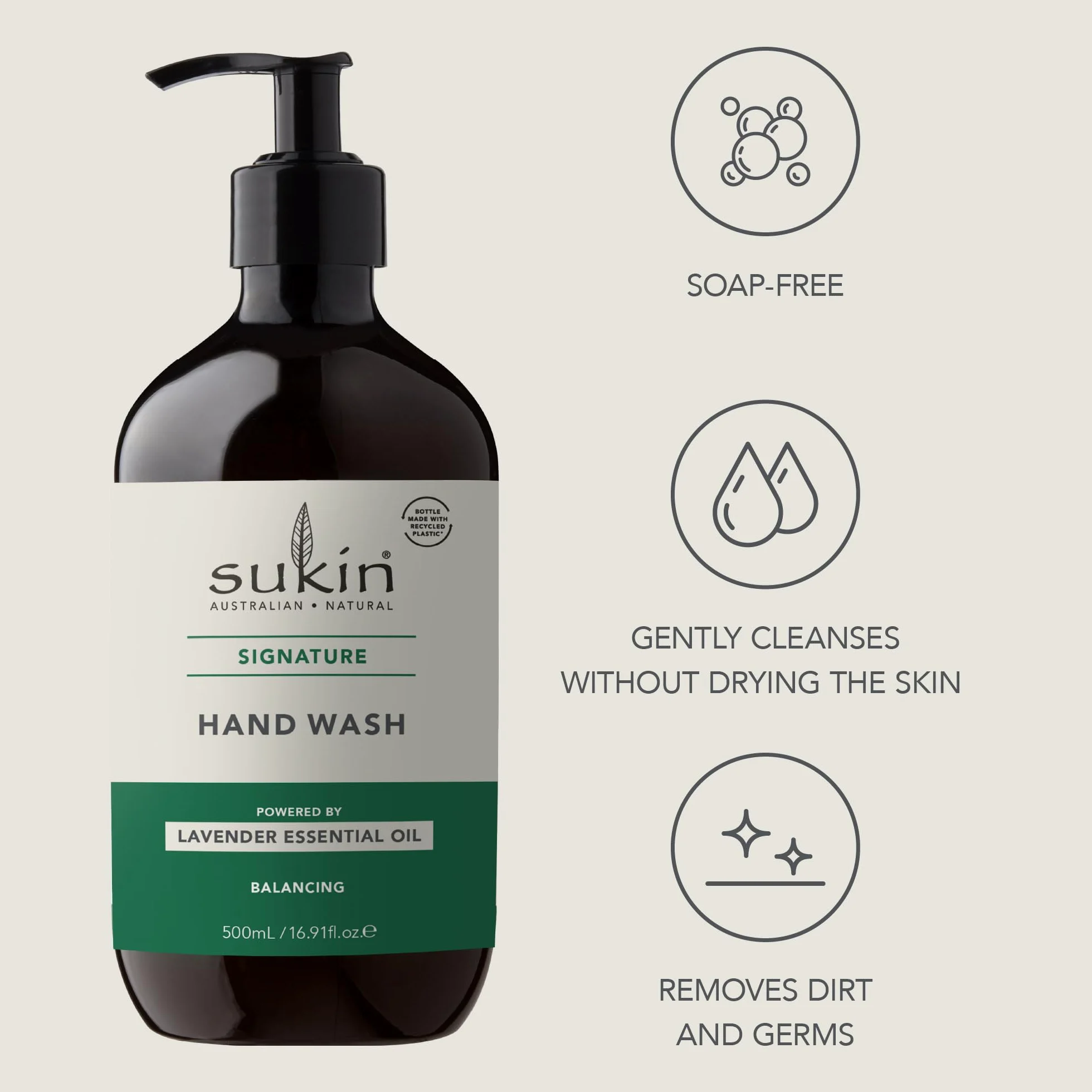 Sukin Australian Natural Signature mydło do rąk, 500 ml, delikatnie usuwa brud i nawilża, z dziką różą i awokado, wegańskie