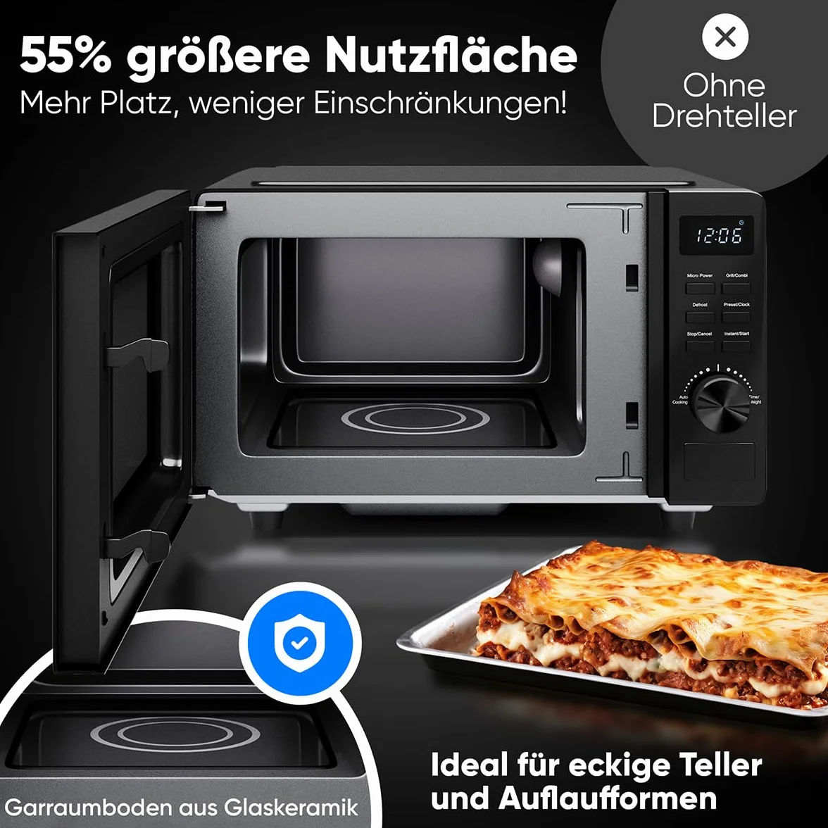 ProfiCook kuchenka mikrofalowa z grillem, 20 l, kuchenka mikrofalowa bez talerza obrotowego dla równomiernego rozprowadzania ciepła, czarna kuchenka mikrofalowa z timerem i funkcją rozmrażania, w