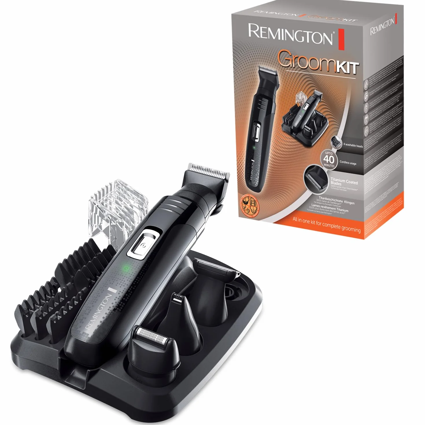 Remington GroomKit PG6130 trymer do brody i ciała, ostrza tytanowe, 5 nakładek 1.5-12mm, regulowany grzebień 2-20mm, zmywalna głowica, czarny