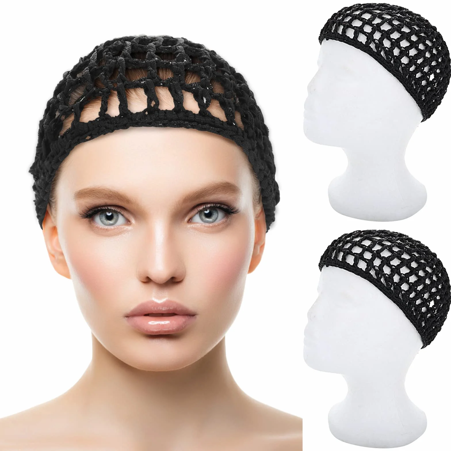 WLLHYF 2 sztuki siatek na włosy czapka do spania siatka na włosy Snoods Wrap Bonnets Bonnets długie proste loki peruka ochrona głowy czarna siateczka do owijania szydełkowania czapka kucharska tkania