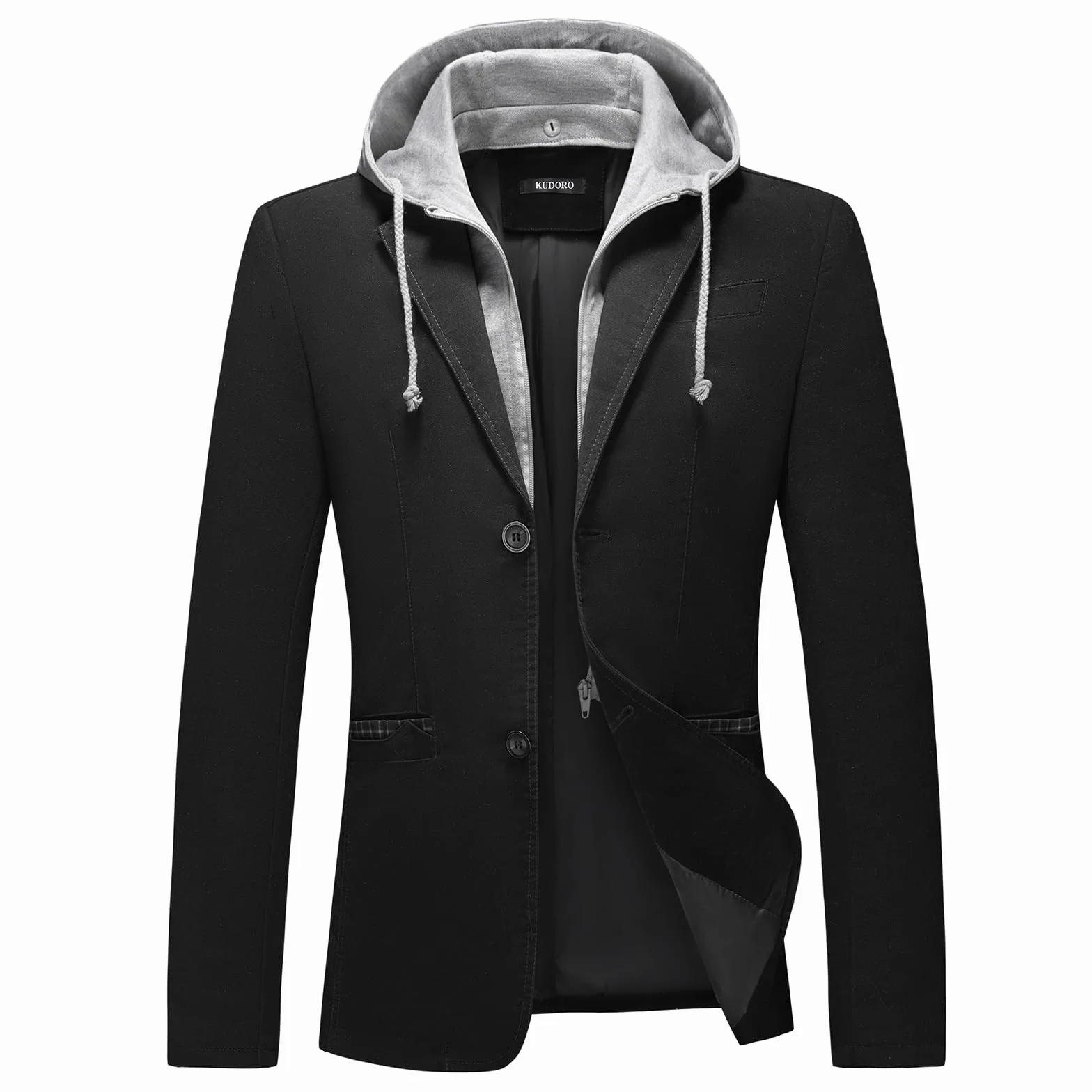 KUDORO Męska marynarka z odpinanym kapturem slim fit garnitur kurtki z dwoma guzikami na co dzień smoking dla mężczyzn klasyczna marynarka, Czarny, XL