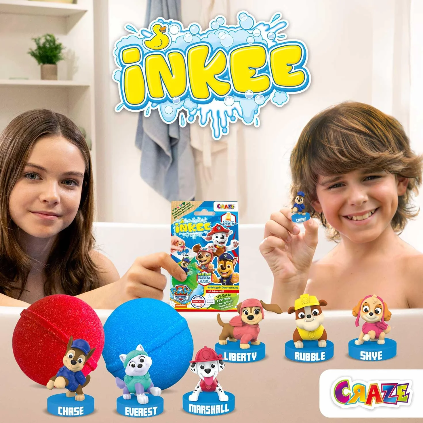 INKEE Psi Patrol Zestaw 3 Bomb Kąpielowych z Figurkami Paw Patrol, Musujące Kule dla Dzieci z Niespodzianką, Zapach Gumy Coli, 3szt
