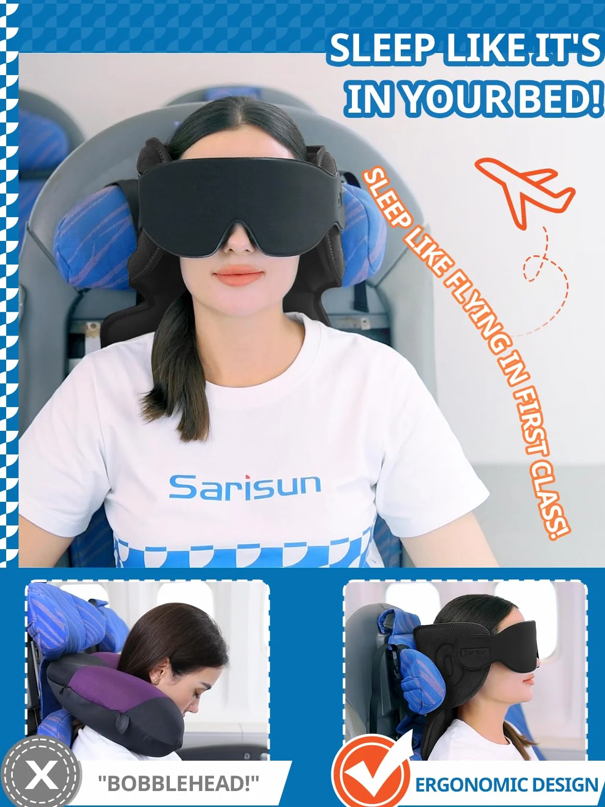 SARISUN Poduszka podróżna do samolotów, poduszka samolotowa z maską na oczy do spania, poduszka podtrzymująca szyję 360°, niezbędne akcesoria do samolotu, regulowany pasek na głowę do tanich linii