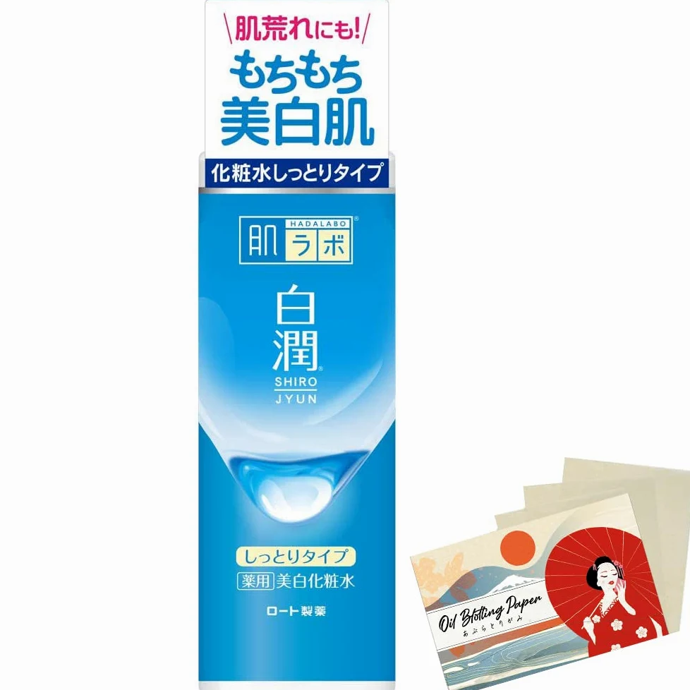 Rohto Hadalabo Shirojyun Hyaluronic Acid Whitening Facial Lotion Moist 170ml - Blotting Paper Set