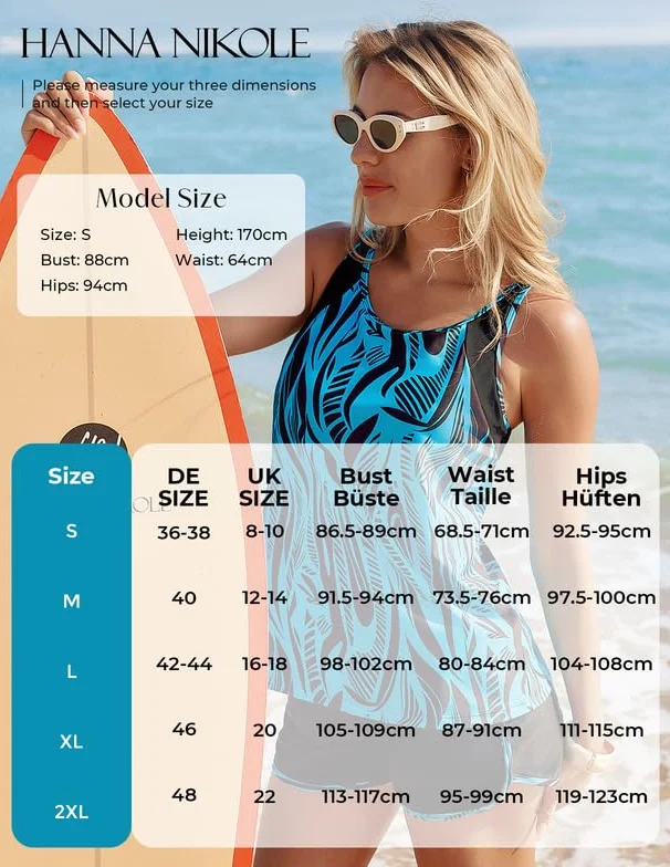 Hanna Nikole Tankini damski kostium kąpielowy, wyszczuplający brzuch, dwuczęściowy biustonosz push-up, moda kąpielowa i wszyte majtki, szorty kąpielowe z wysoką talią, z kieszeniami, regulowany strój