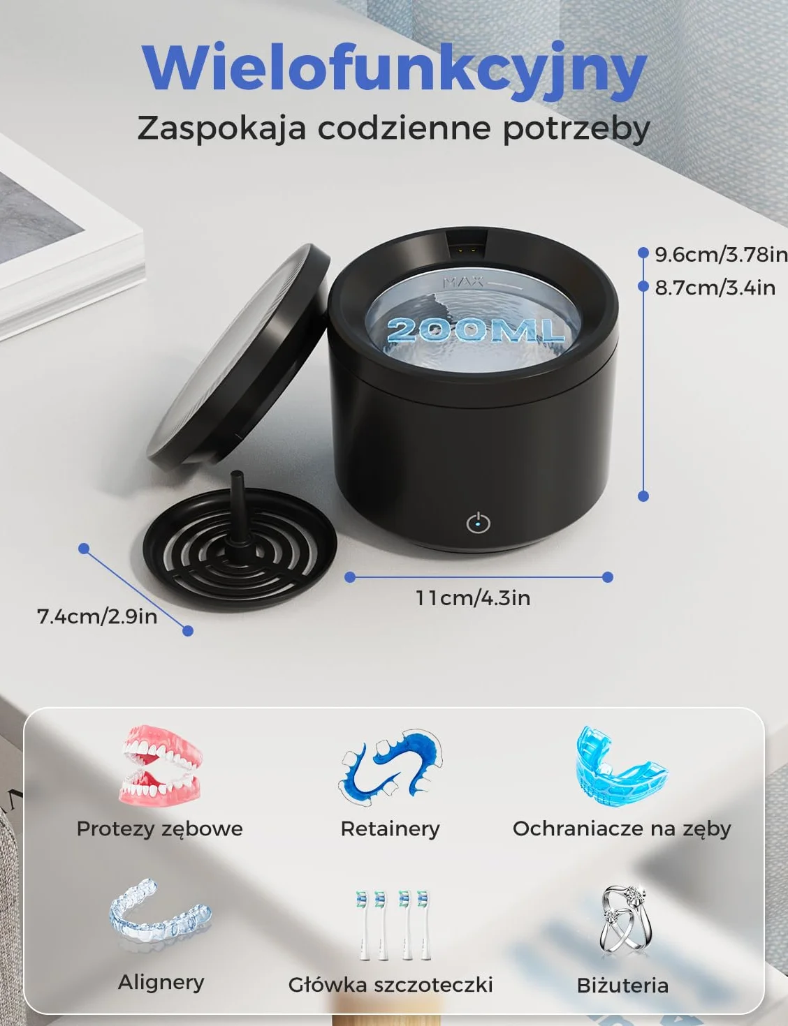 Myjka Ultradźwiękowa 48000Hz, 200ml Czyszczenie Ultradźwiękowe, Czyścidelko do Aparatu Ortodontycznego z Lampą UV, do Protez/Aparatów Ortodontycznych/Nakładek Jubilerskich, Czarny