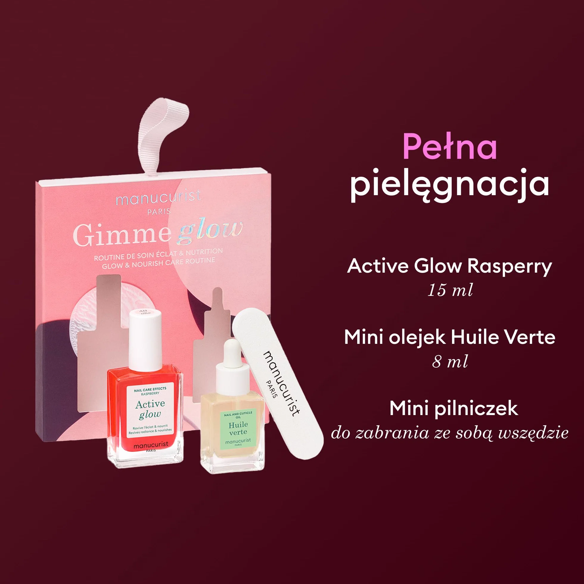 Zestaw upominkowy Manucurist Active Glow Raspberry + olejek zielony – zawiera: 1 lakier do paznokci do pielęgnacji i makijażu, 1 olejek do skórek, 1 bezpłatny mini pilniczek do paznokci – prezenty świ