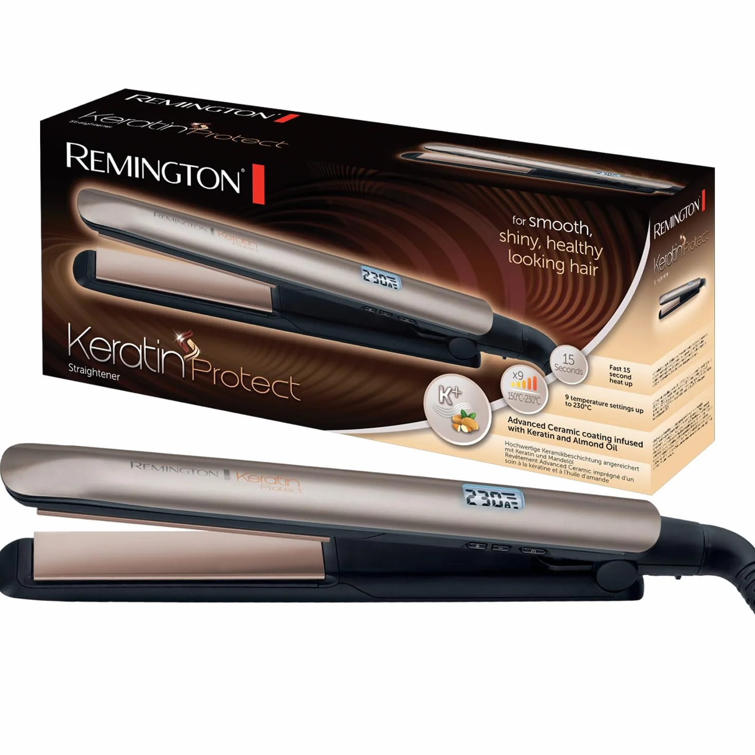 Remington prostownica do włosów, powłoka z keratyną i olejkiem migdałowym, PRO+ dla zdrowej stylizacji, zakres temp. 150-230°C, funkcja Turbo, ruchome płytki, etui, brązowa, Keratin Protect S8540