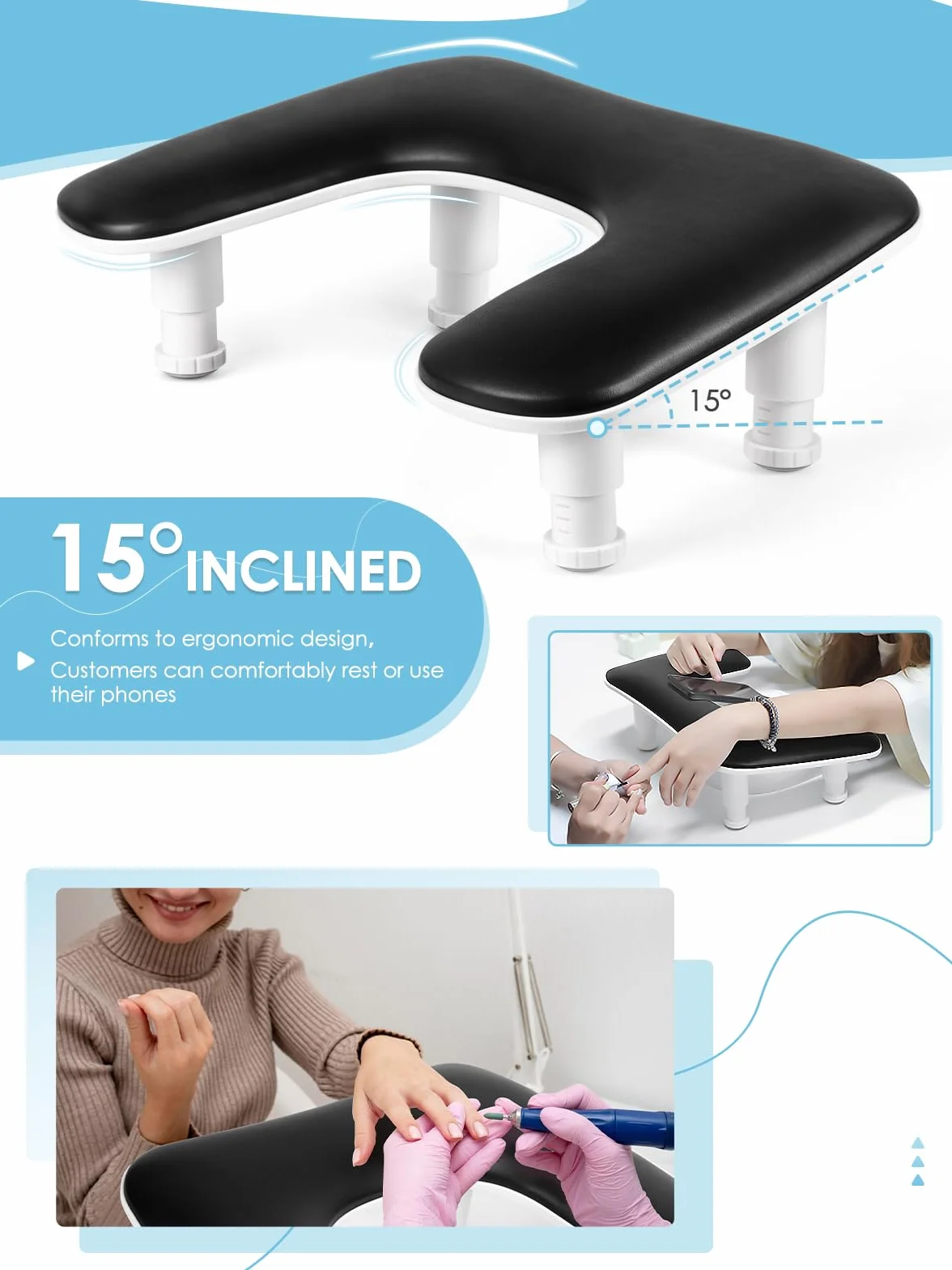 Podłokietnik do paznokci do manicure: podłokietnik do paznokci w kształcie litery U, regulowana wysokość, skórzana podpórka do rąk - czarna podpórka dla miłośników zdobienia paznokci salon zdobienia