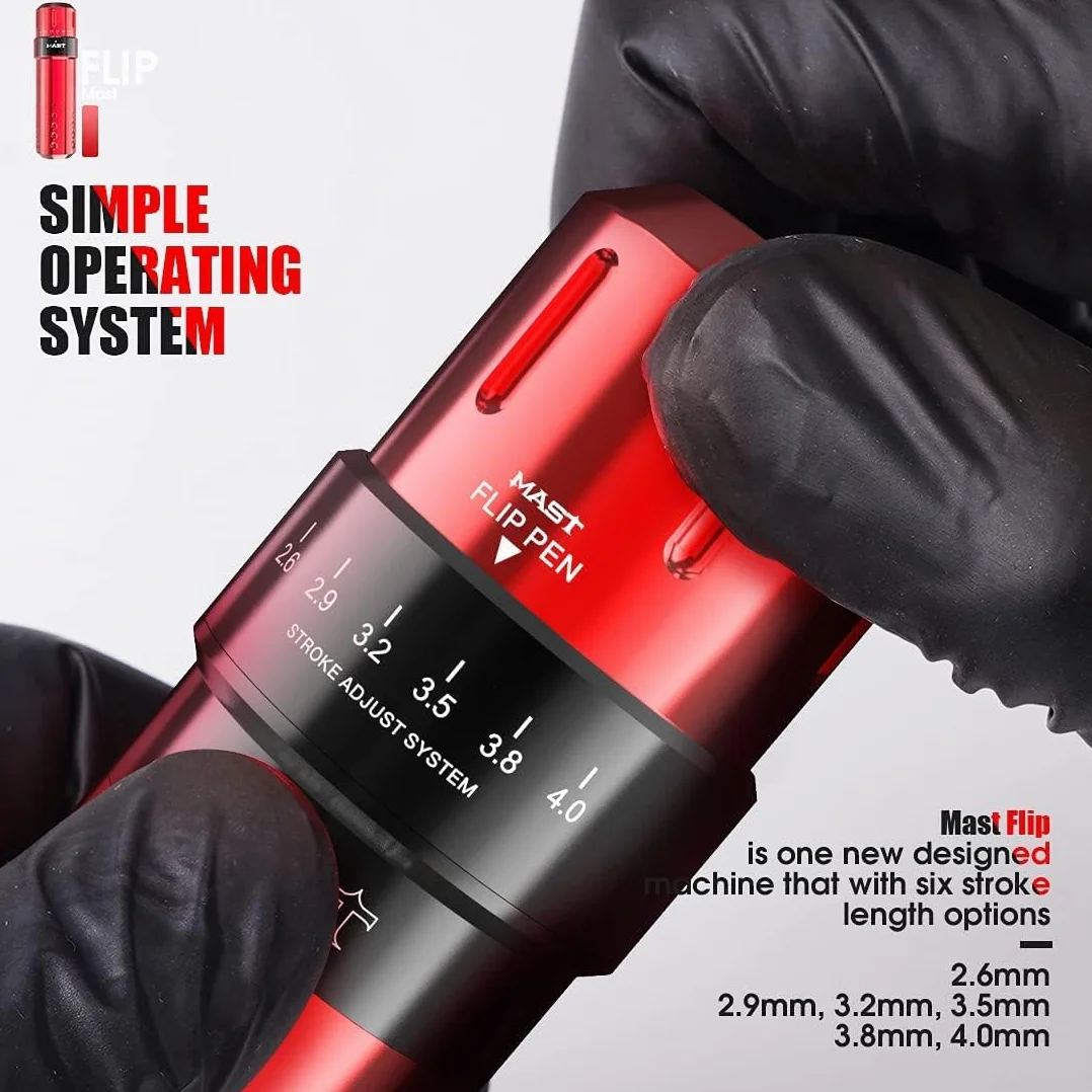 Mast Tattoo Machine Kit Flip Wireless Tattoo Pen Rotary Tattoo Gun 7 Strokes Length 2Pcs Batteries interchangeable RCA Jack Tattoo Needles Cartridges for beginners and tattooists