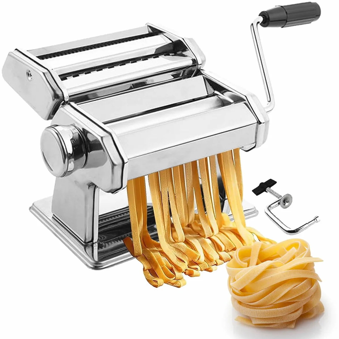 Maszyna do makaronu ze stali nierdzewnej 2 w 1, wałek do ciasta i nóż do cięcia, 9 grubości, lasagne, spaghetti, ravioli, antypoślizgowa podstawa, zacisk stołowy i akcesoria