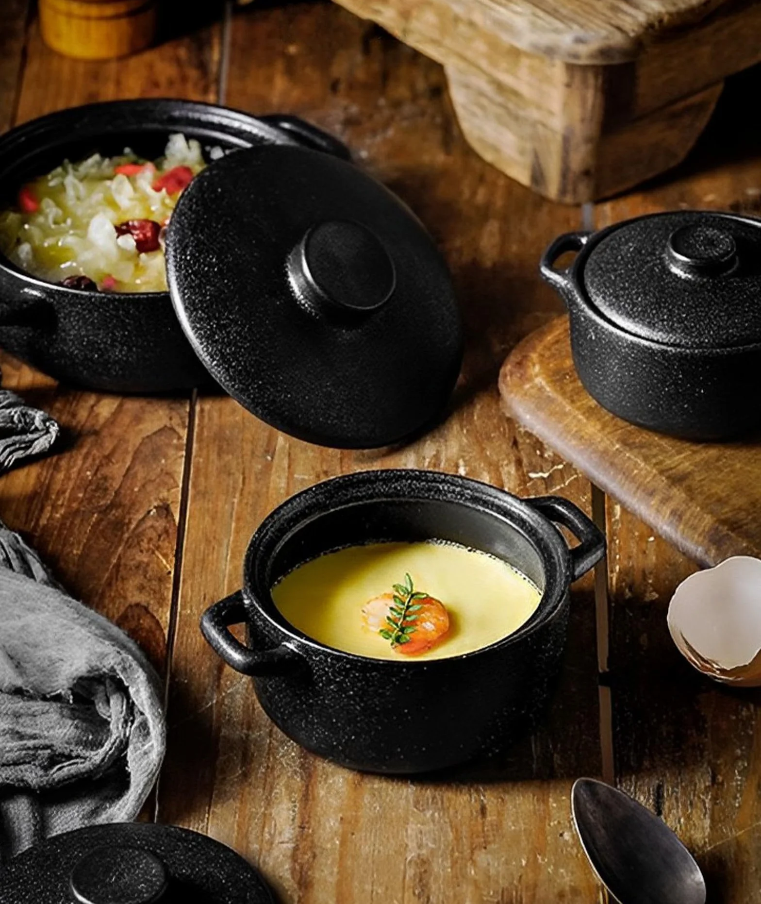 Ramekiny Z Pokrywką, Kokilki Creme Brulee, 230ml, Suflet Naczynia Do Pieczenia, Oddech Ramekins, Kokilki Do Beztłuszczowej Frytkownicy-czarny-Zestaw 2