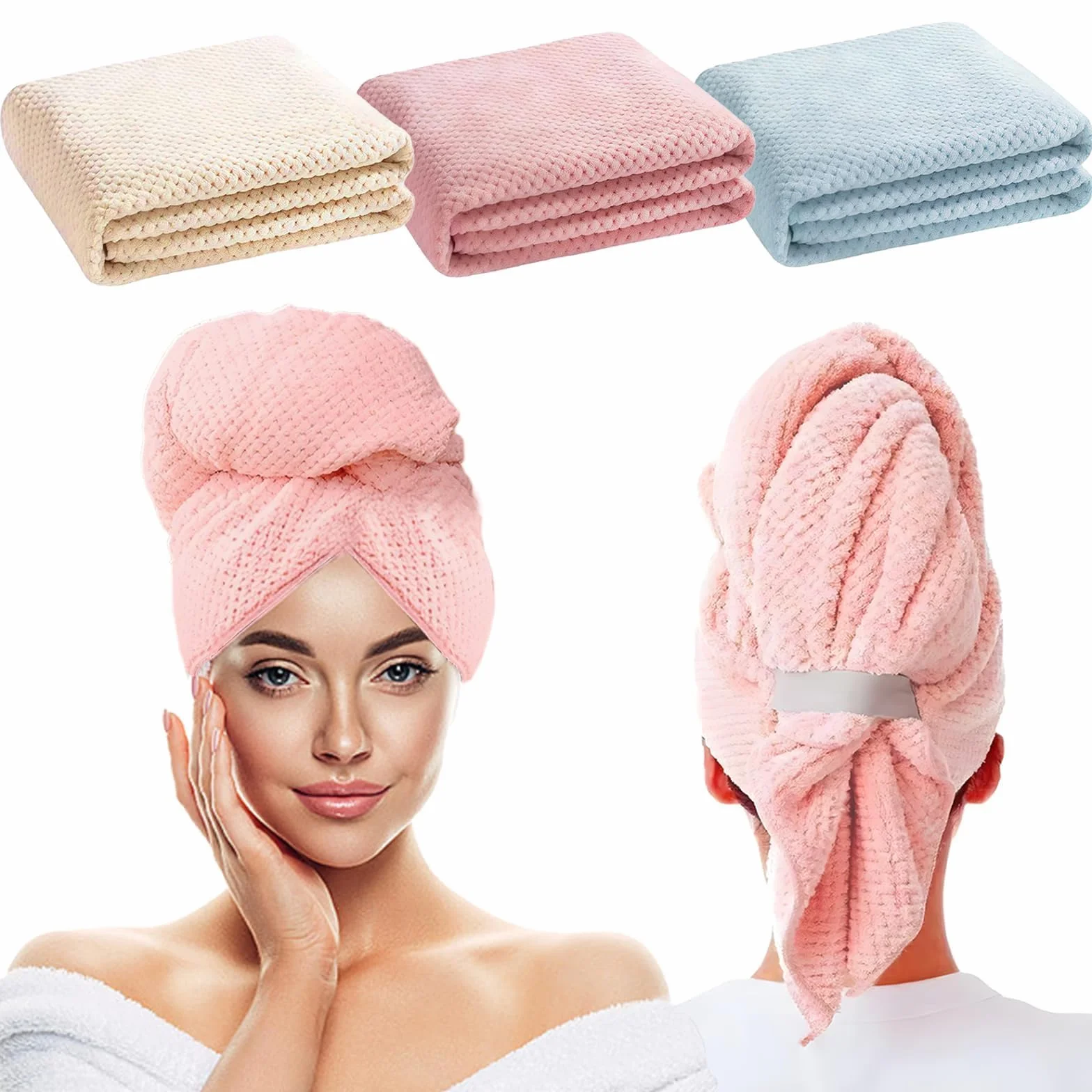 Ręcznik z mikrofibry, do włosów z elastyczną linką, ręcznik do włosów, z mikrofibry, turban do włosów, 100 x 60 cm, szybkoschnący, super chłonny, 3 sztuki