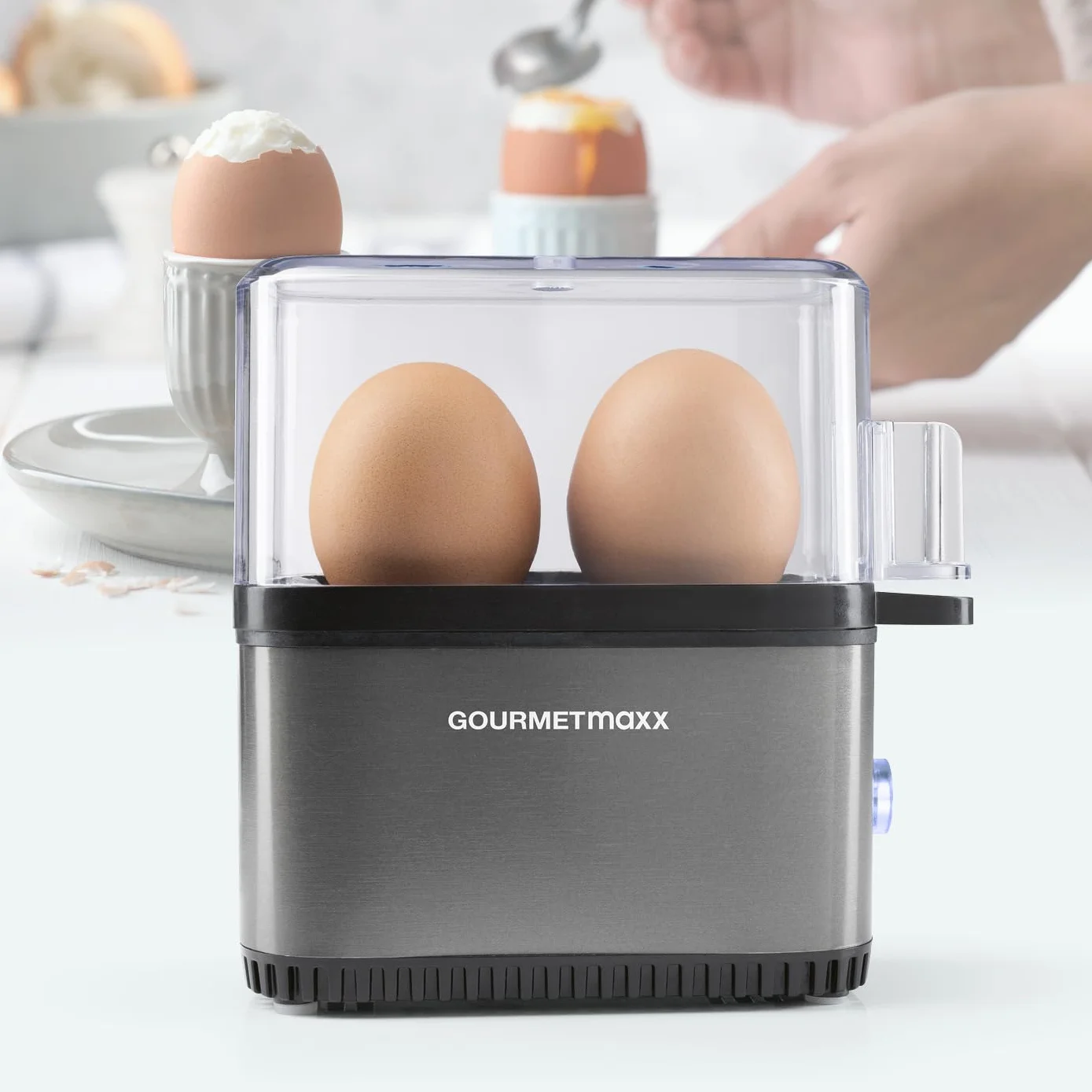 GOURMETmaxx Jajowar na 2 jajka | bojler do jajek z wykrawaczem do jajek w miarce | Egg Cooker – 3 stopnie twardości do kieliszków do jajek | Design mały jajowar – części nadające się do mycia w