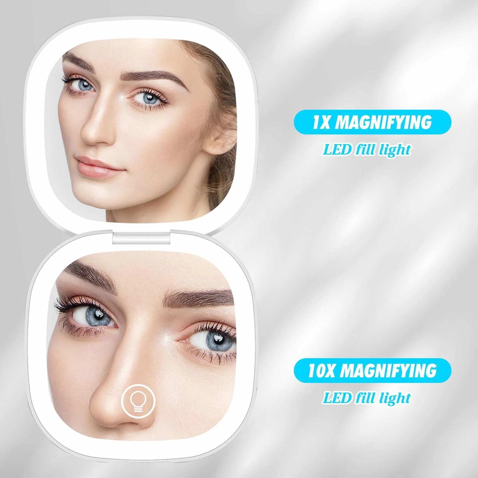 Aicharynic Lusterko kieszonkowe LED z powiększeniem 1X/10x, lusterko powiększające ze światłem, lusterko podróżne, możliwość przyciemniania i 2-stronnego oświetlenia LED, lusterko ręczne, składane