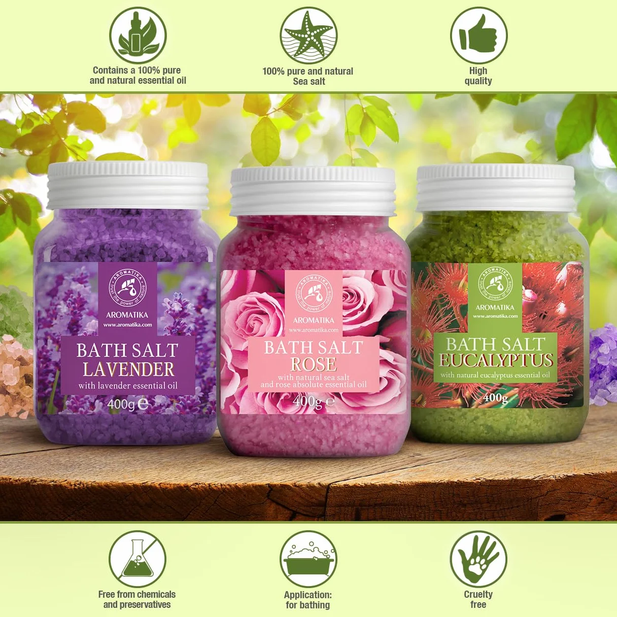 Zestaw soli Morskiej do Kąpieli 3х400g - Sól do kąpieli Lawenda i Róża i Eukaliptus - Naturalny Olejek - Aromaterapia - Relaks - Uspokajanie