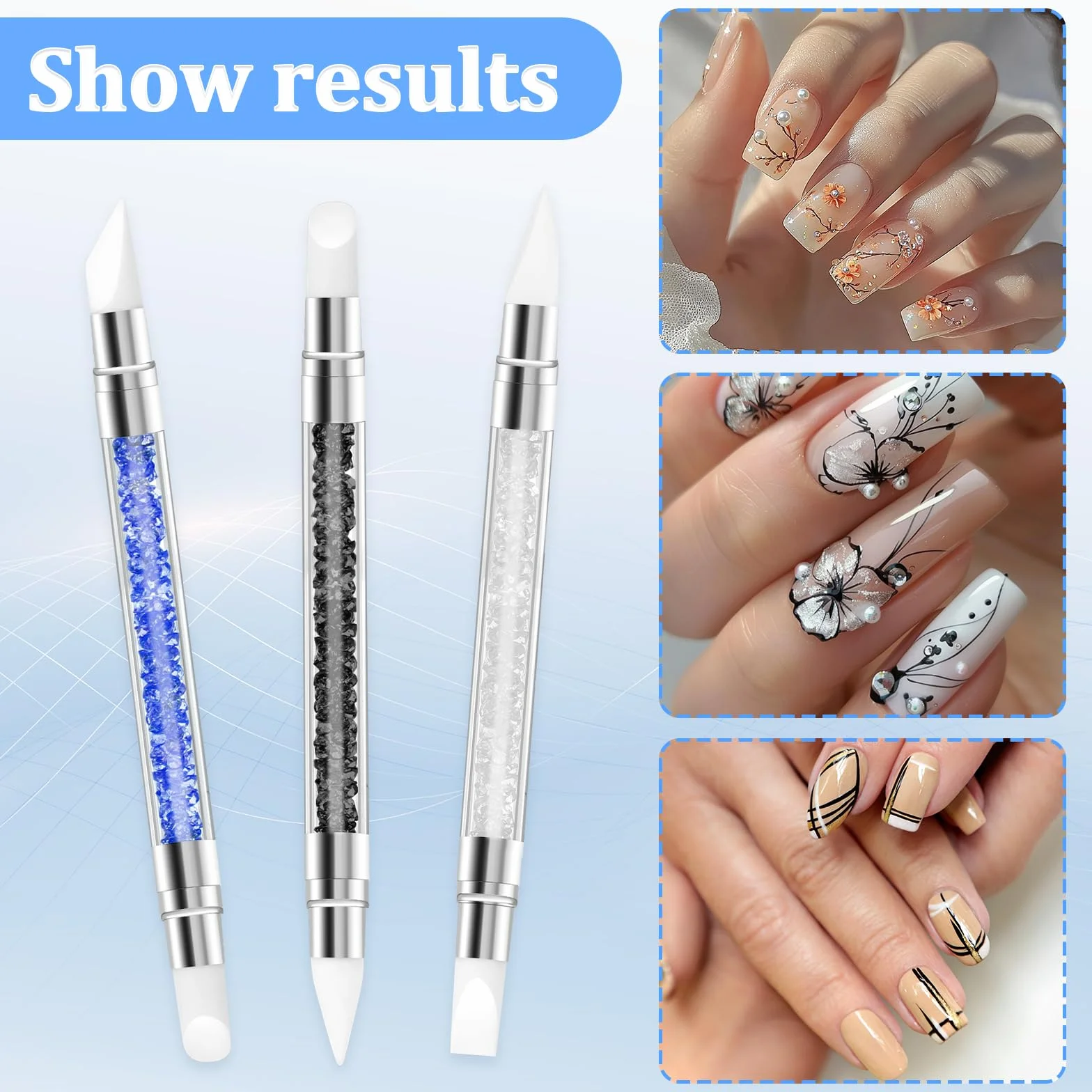 Silikonowe narzędzie do zdobienia paznokci, podwójna końcówka, silikonowa szczotka do paznokci, kryształ górski, do manicure, rzeźbienia, żelu, kształtowania, rysowania, folii, 3 szt