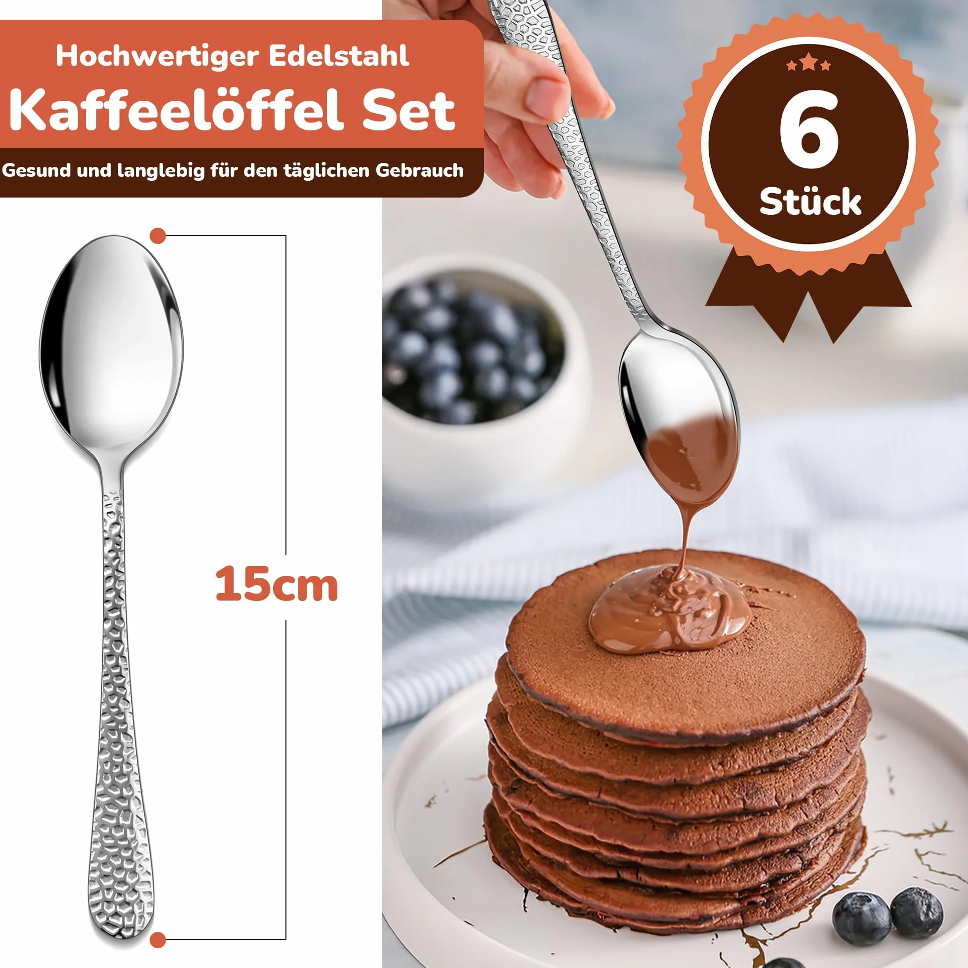 HaWare Łyżeczki do kawy, ze stali nierdzewnej, łyżeczki deserowe, 6 sztuk, 15 cm, do domu/restauracji/hotelu, polerowane na wysoki połysk, nadają się do mycia w zmywarce, młotkowany uchwyt