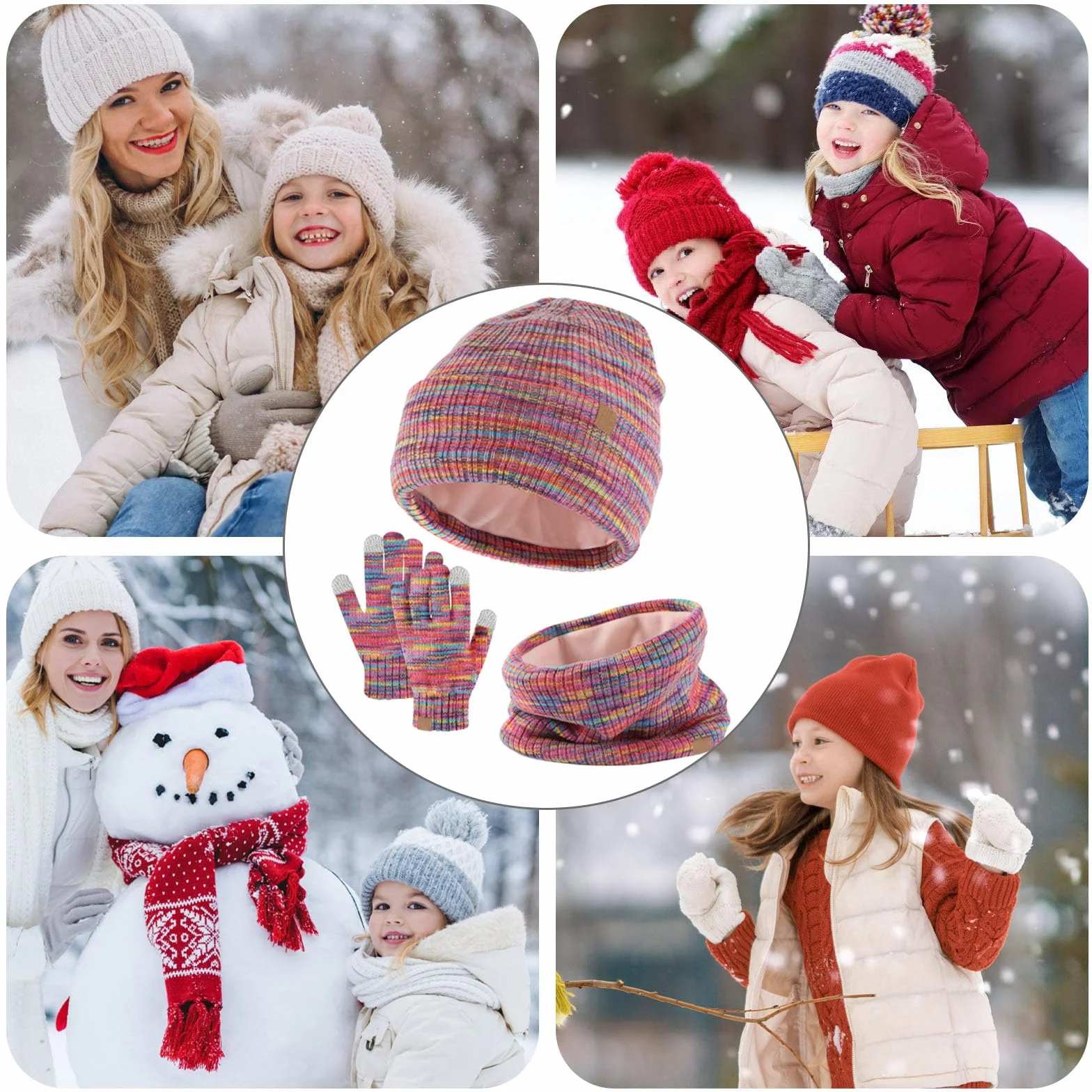 GWAWG Dziecięca czapka zimowa, szalik, rękawiczki, zestaw 3 szt., ciepła termiczna dzianinowa czapka beanie, ocieplacz na szyję, rękawica, miękka podszewka z polaru, elastyczna dla dzieci w wieku 5-12