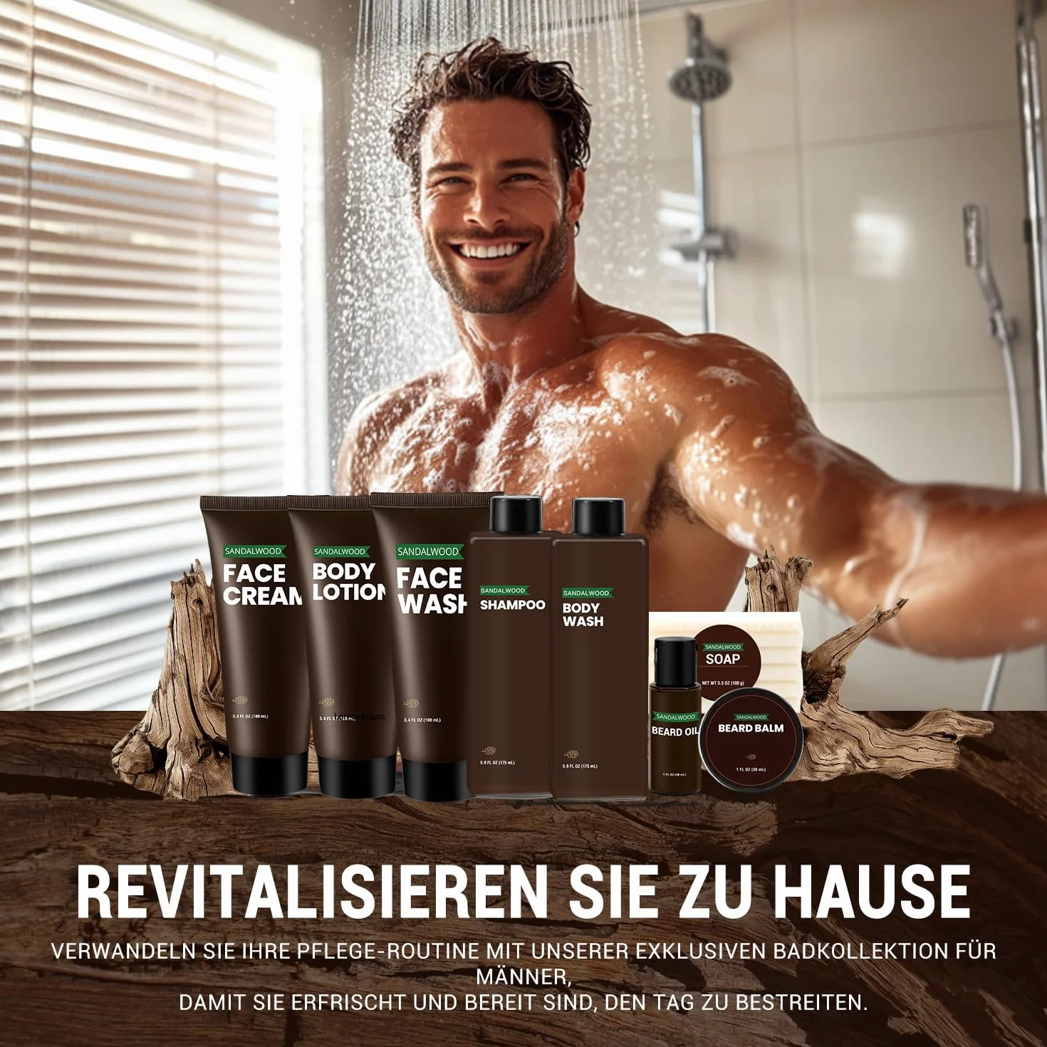 BODY & EARTH Zestaw upominkowy do pielęgnacji dla mężczyzn, drzewo sandałowe, 10-częściowy zestaw pielęgnacyjny z olejkiem barowym, balsam i wizytówką i nie tylko