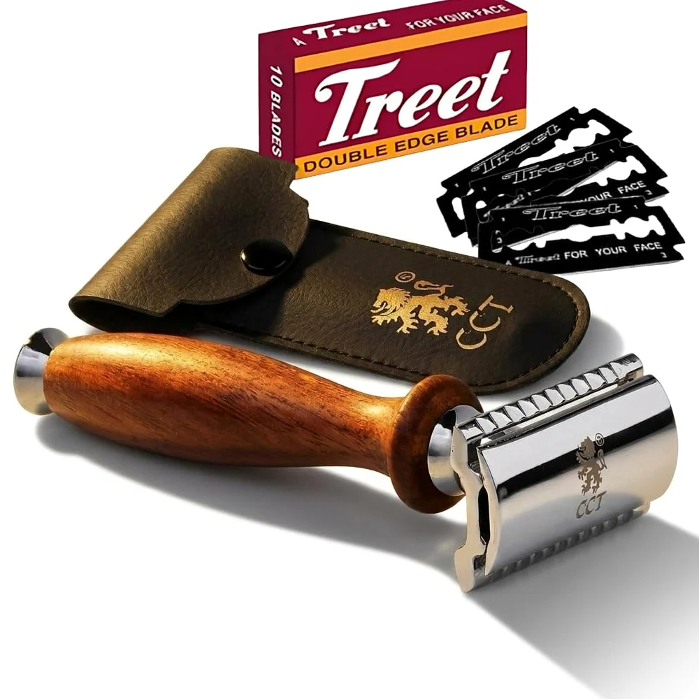 Maszynka do golenia z podwójnym ostrzem The Cambridge Cutthroat®, profesjonalna, tradycyjna, z drewna Missanda, premium, do golenia, modelowania wąsów i brody, w zestawie etui podróżne