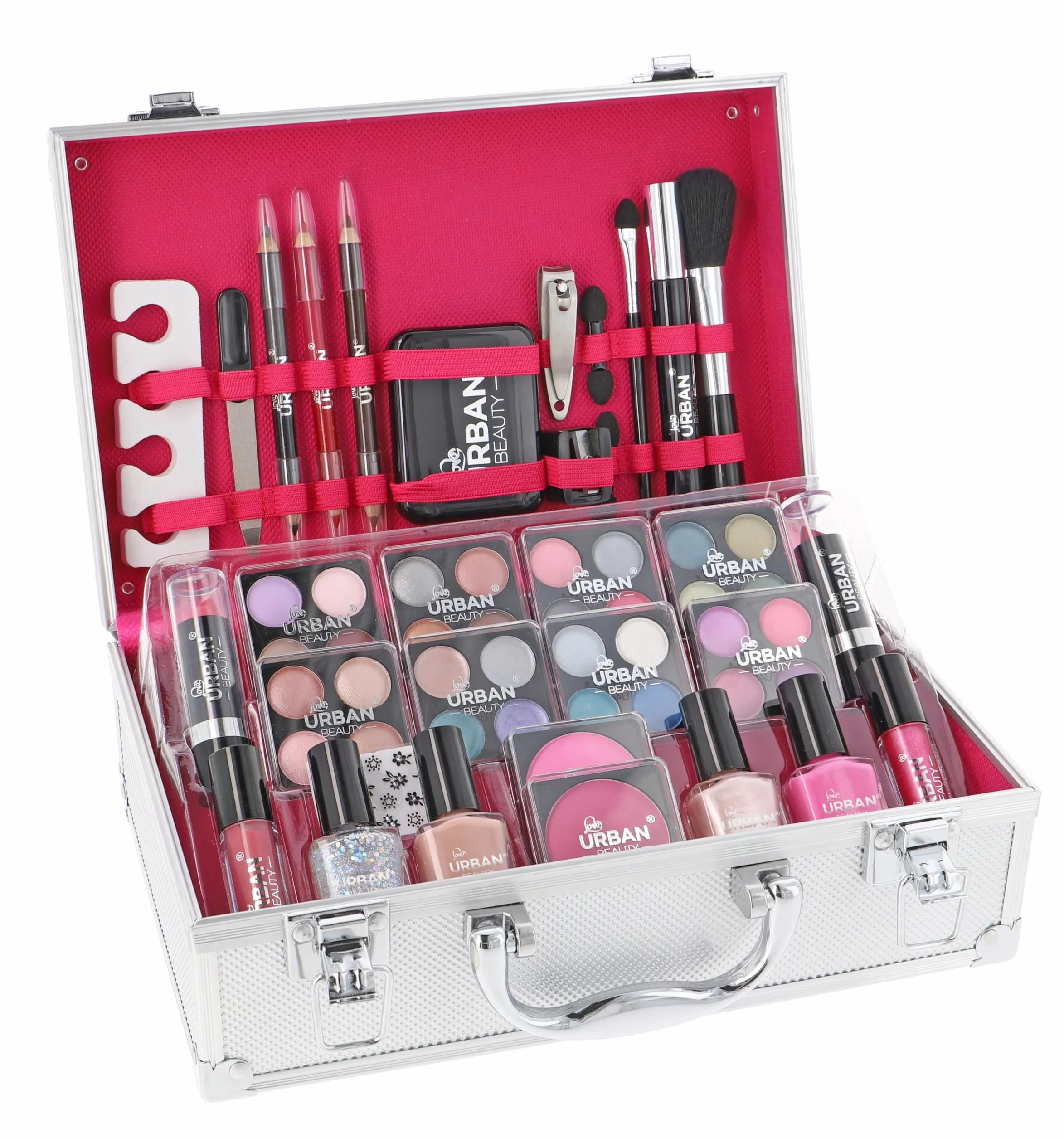 LOVE URBAN BEAUTY Wegańskie Olśniewające etui do makijażu – 60-częściowy zestaw do makijażu i paznokci dla nastolatków – Eleganckie srebrne pudełko – Kompaktowy i lekki design